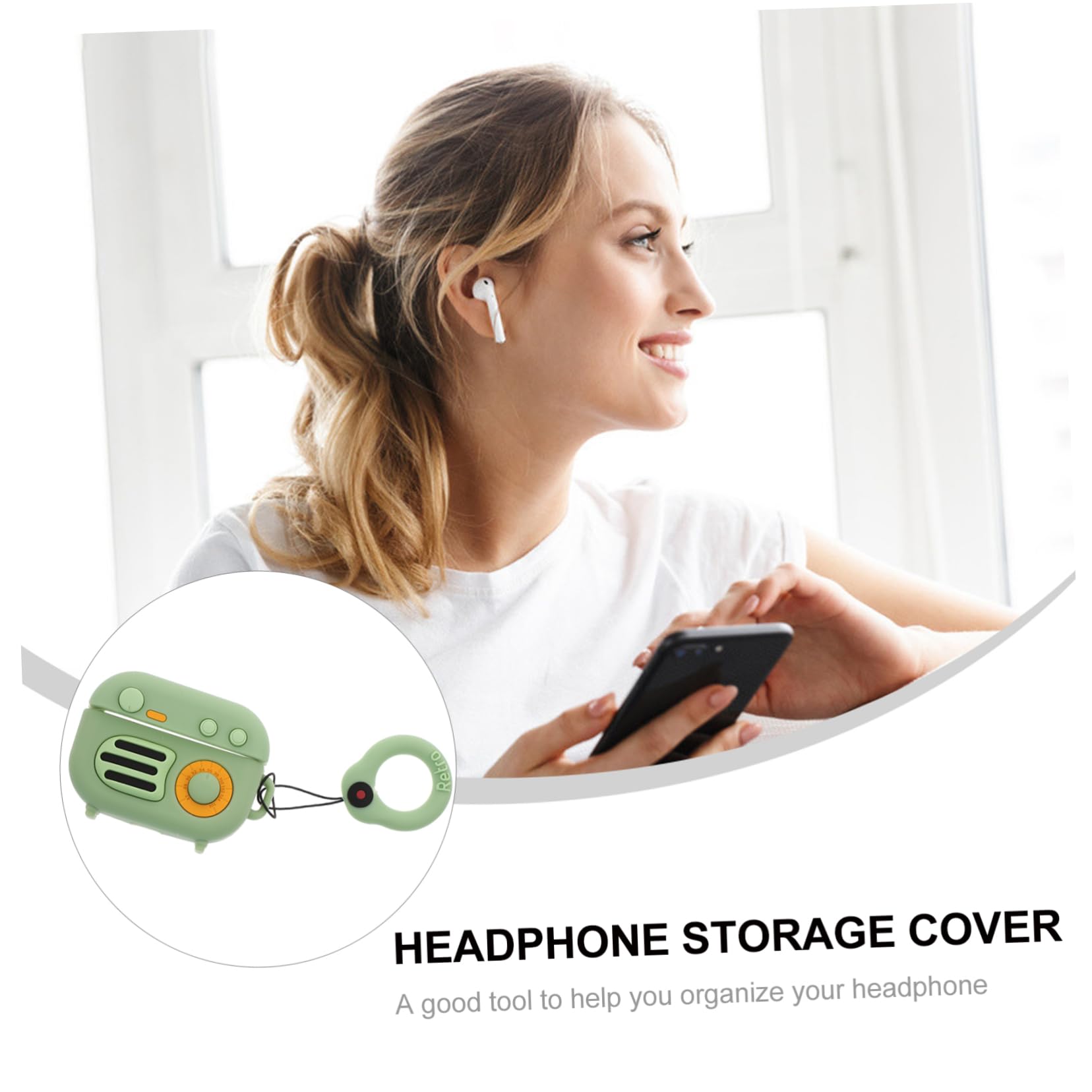Retro Radio Design Earphone Case - Silicone Headphone Organizer & Belt Bag - Attachable & Durable - Teal Green - Perfect for Travel, Gym, and Outdoor Activities