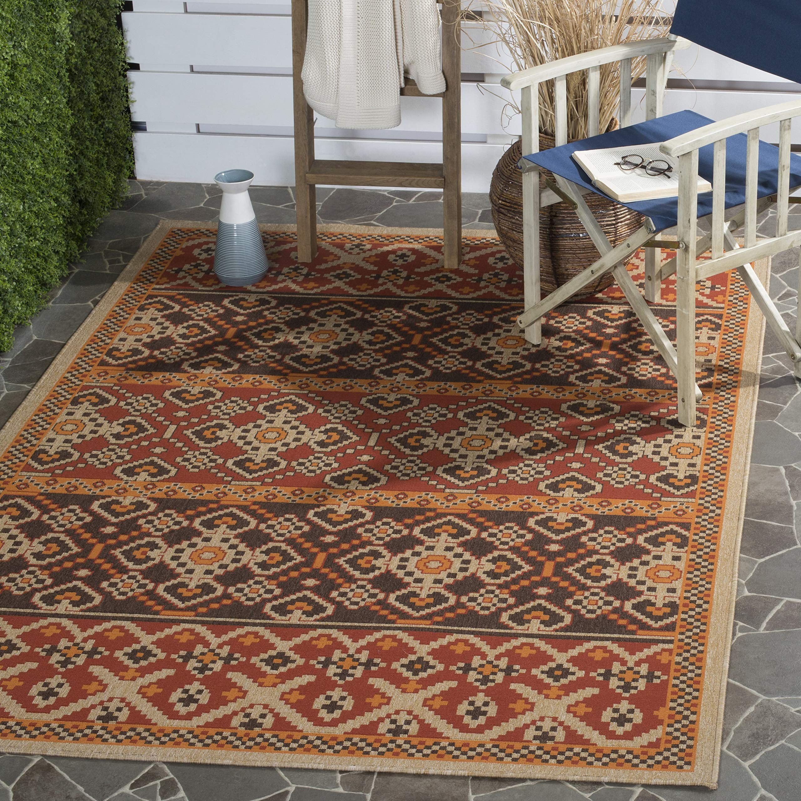 SAFAVIEH Veranda Collection 8' x 10' Red & Chocolate Boho Design Non-Shedding Area Rug - Easy Care Indoor/Outdoor Washable Rug for Living Room, Bedroom, Patio, Backyard & Mudroom (VER093-0332)