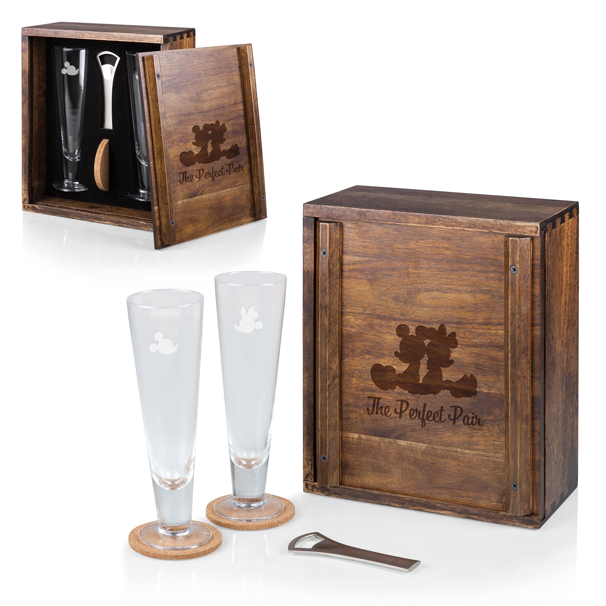 Disney Mickey Mouse & Minnie Mouse Acacia Wood Drinking Glasses Gift Set - Perfect for Disney Fans, Birthday Gifts, Anniversary Presents, and Themed Parties