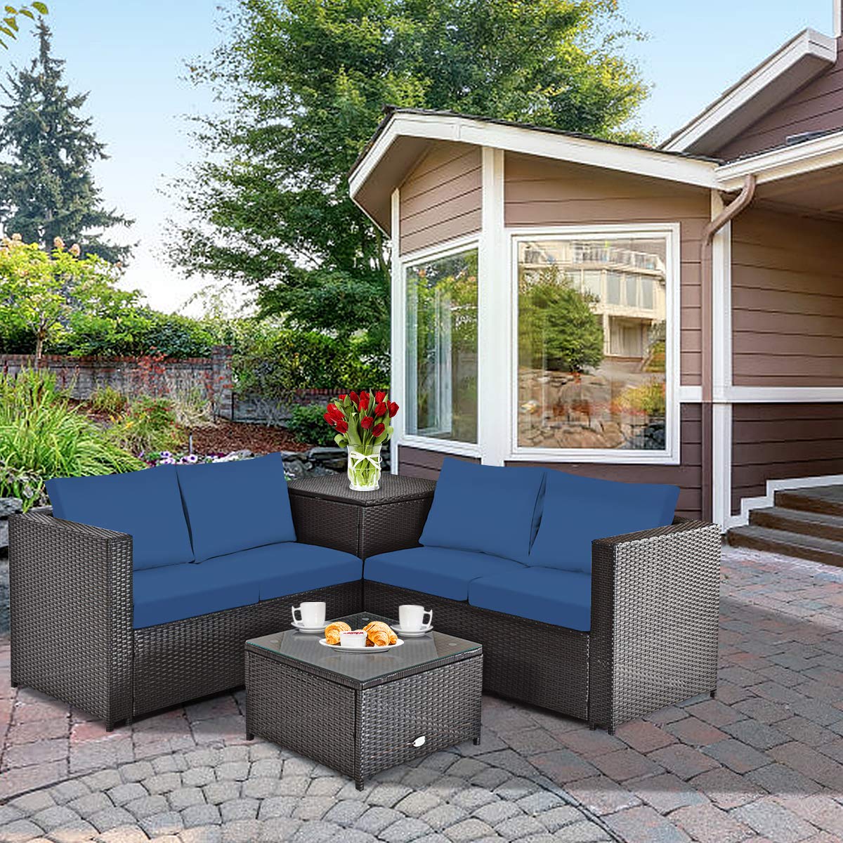 HappyGrill 4-Piece Patio Furniture Set - Outdoor Rattan Wicker Conversation Sofa with Storage Box & Tempered Glass Coffee Table - Perfect for Backyard, Garden, Porch, Poolside & Outdoor Entertaining