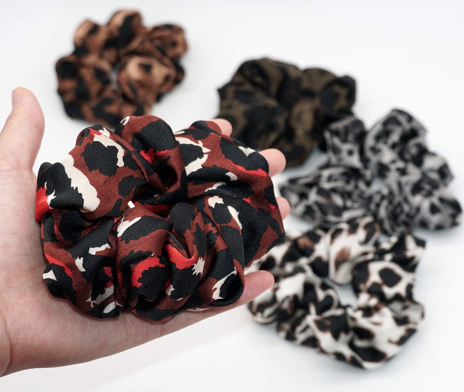 ALIBA COLLECTION 5-Pack Large Fashion Hair Scrunchies - Soft Chiffon Leopard Print Ponytail Holders, Elastic Hair Ties for Women & Girls (Multi-Design) - Perfect for Workouts, Office, Parties & Everyday Use