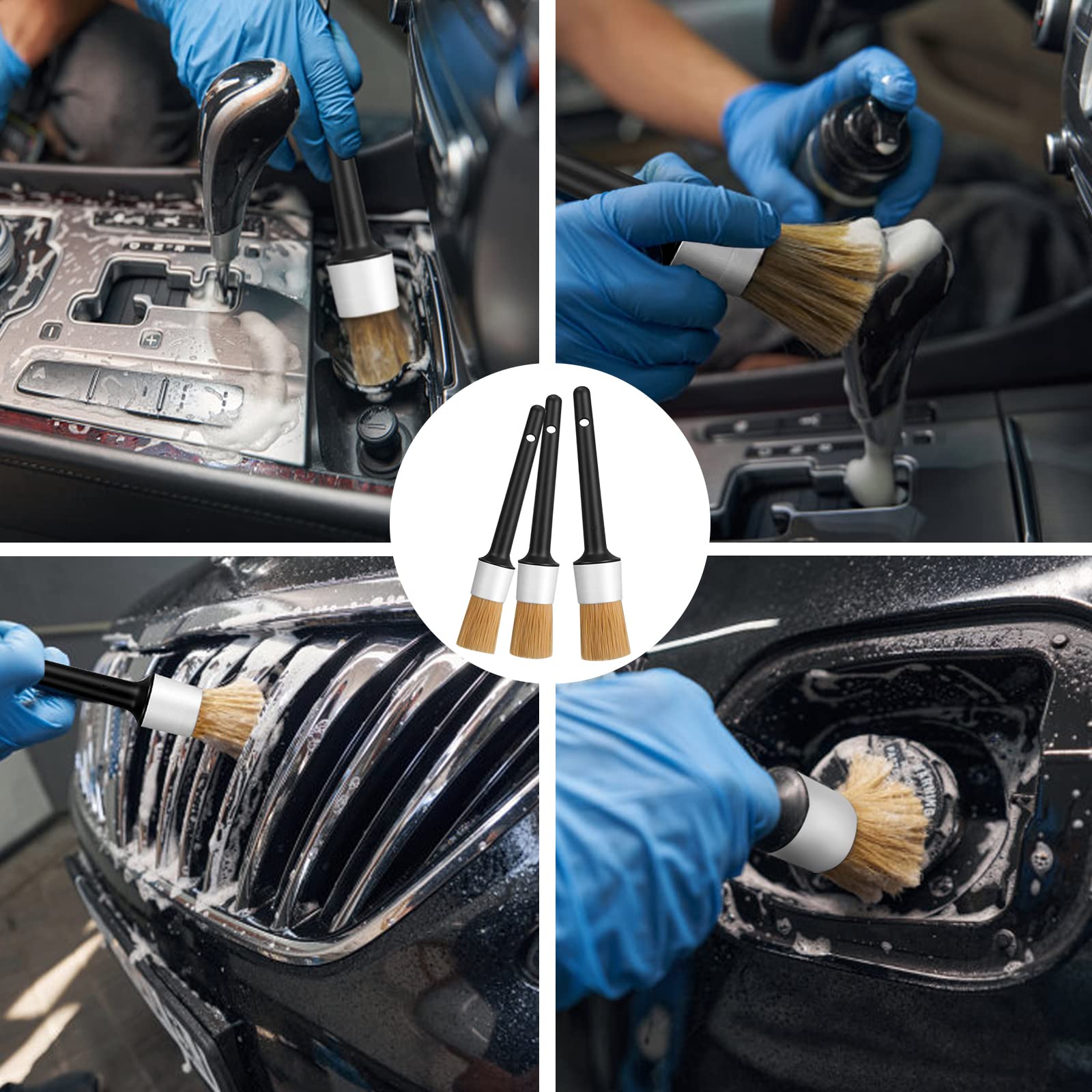 Kingsea Premium Boar Hair Car Detailing Brushes - Ultra Soft 3-Piece Interior & Exterior Cleaning Kit for Wheels, Rims, Emblems, Engine & Air Vents | Perfect for Auto Detailing, Car Wash & Vehicle Maintenance