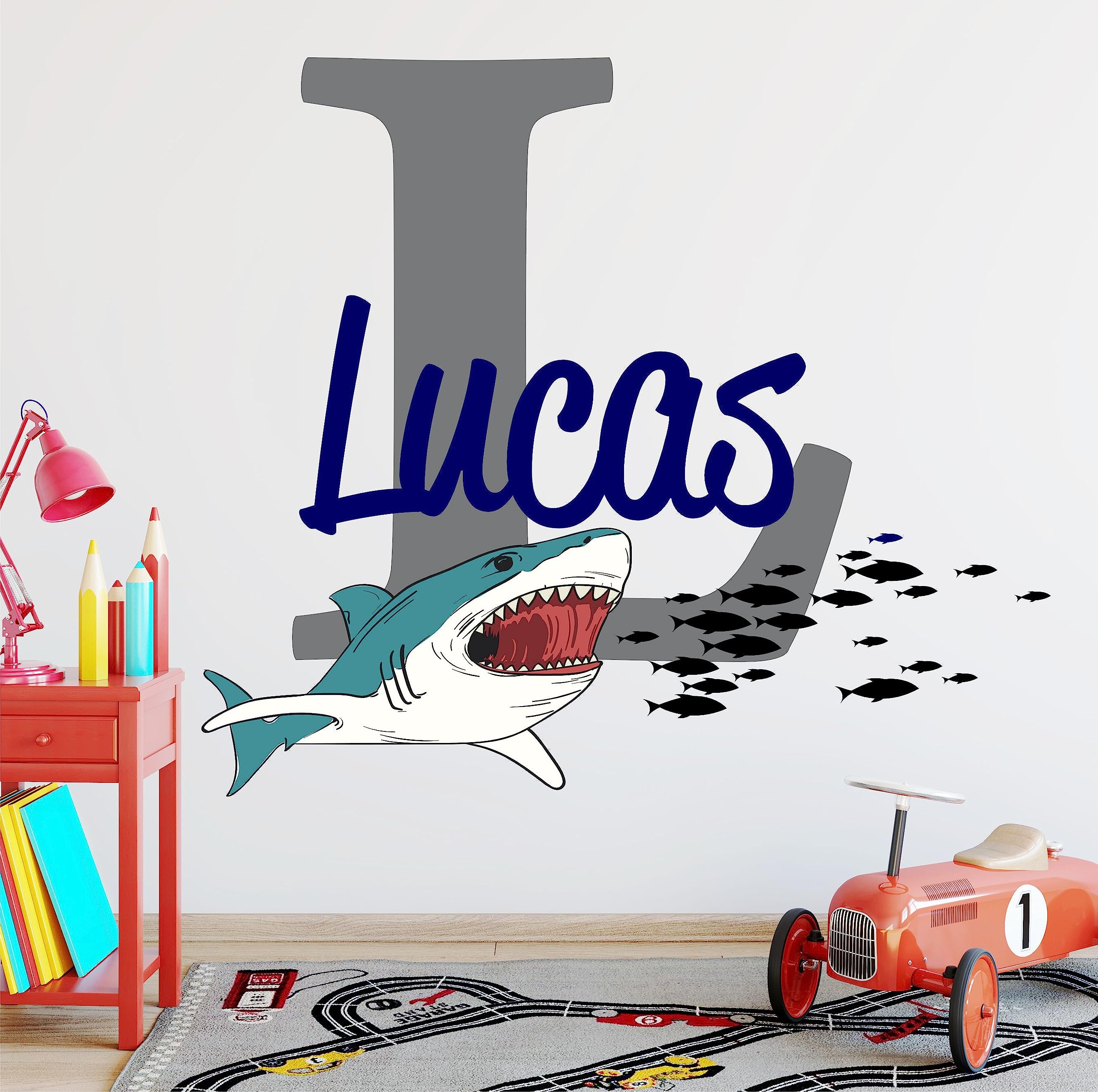 Personalized Boys Shark Wall Decal - Custom Name & Initial Nursery Vinyl Sticker, Great White Shark Bite Design, Medium Size Wall Art for Kids Room Decor | Perfect for Baby Shower Gifts & Ocean Theme Bedrooms