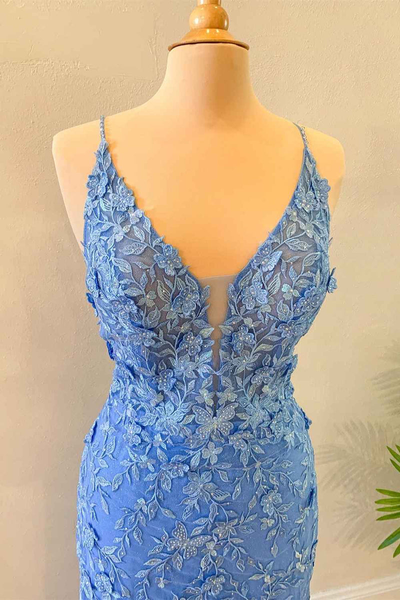 Elegant Mermaid Blue Floral Lace Prom Dress with Appliques - Long Evening Gown for Homecoming, Wedding Guest, and Formal Events