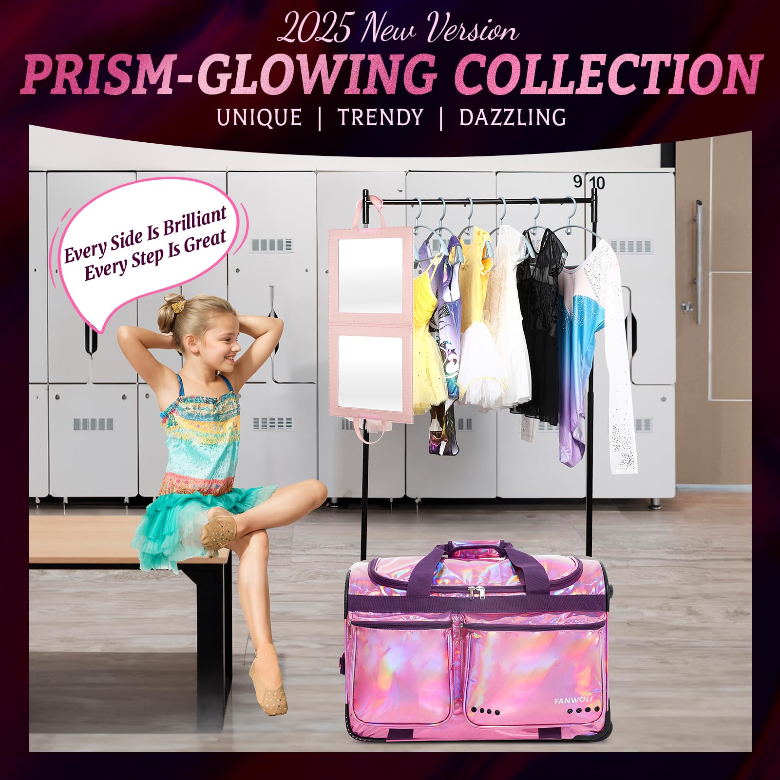 Fanwoli 23-Inch Prism-Glowing Waterproof Dance Duffle Bag with Garment Rack | Iridescent Competition Bag for Dancers, Cheerleaders & Kids | Laser Purple | Perfect for Dance Recitals, Gym Storage & Travel