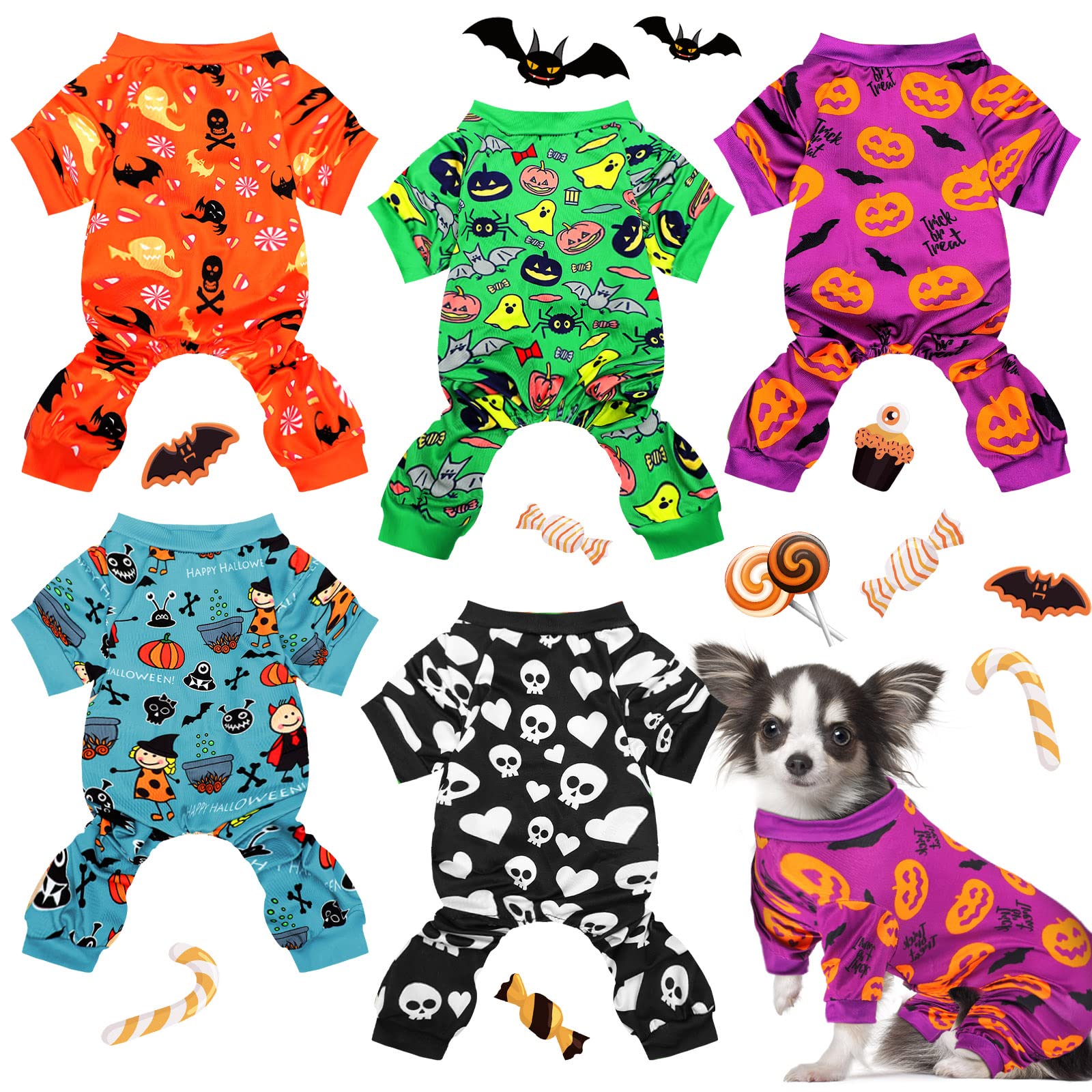 5-Piece Dog Winter Pajamas Set - Cute Puppy Bodysuit with Skull & Ghost Print - Halloween Pet Costume for Small Dogs & Cats - Perfect for Holiday Cosplay, Christmas, and Winter Outfits