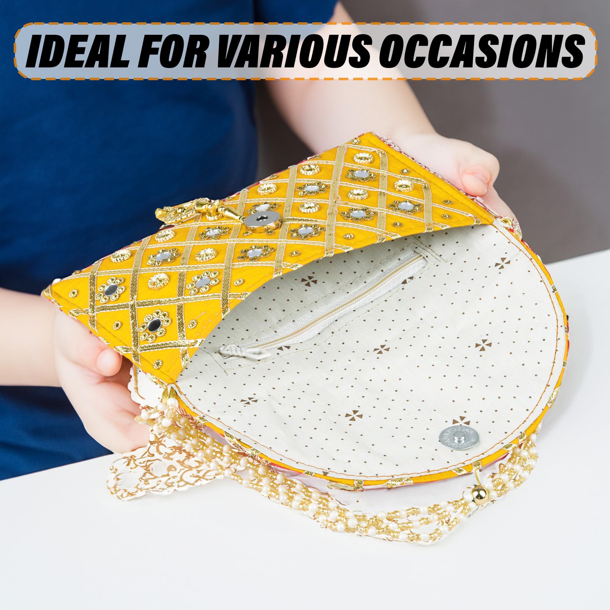 Kuber Industries Women's Clutch Purse with Handle - Traditional Shagun Purse for Baby Shower, Wedding & Gift Giving - Yellow Mirror Check Design - Perfect for Parties, Ceremonies & Special Occasions