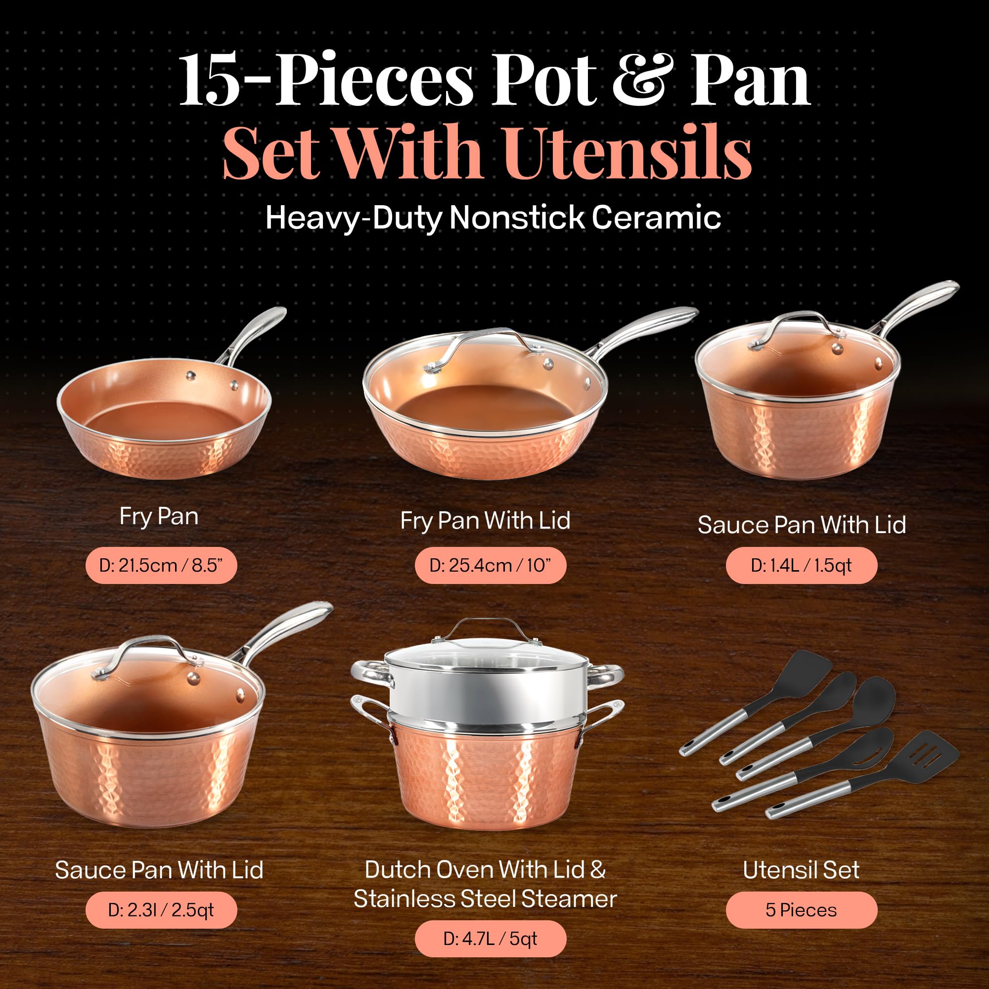 GOTHAM STEEL Hammered 15-Piece Ceramic Nonstick Cookware Set - Copper Pots and Pans Kitchen Set with Utensils, Deep Cookware for Frying, Boiling & Sauteing | Oven & Dishwasher Safe, PFOA-Free Non-Toxic Cookware for Healthy Cooking | Perfect for Family Meals, Entertaining & Everyday Kitchen Use