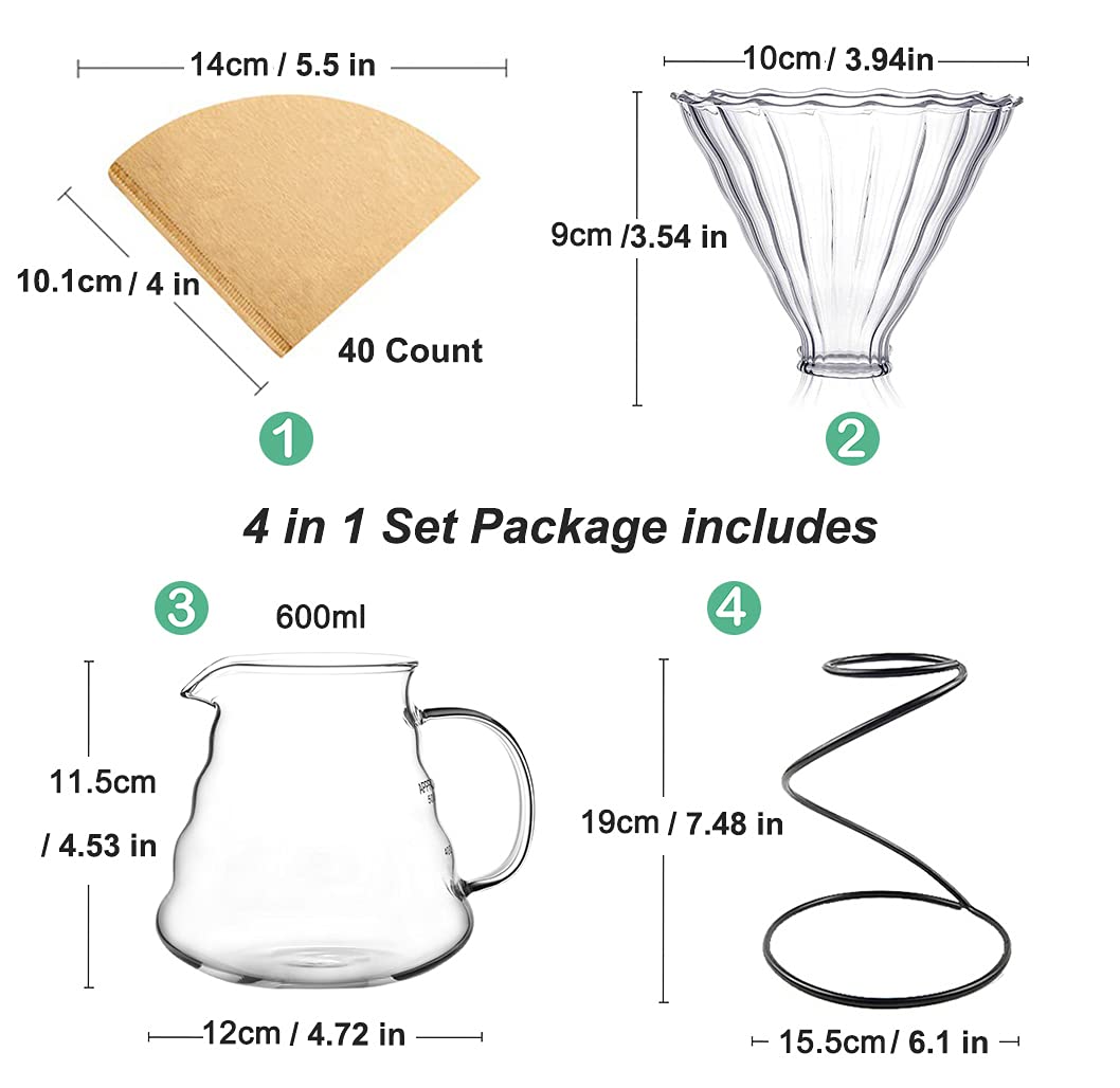 Premium Pour Over Coffee Maker Set - Glass Dripper, Metal Stand, 600ml Heat-Resistant Server & 40 Filters | 4-in-1 Kit for Home, Office & Camping | Specialty Coffee Brewing Equipment for Baristas & Coffee Lovers