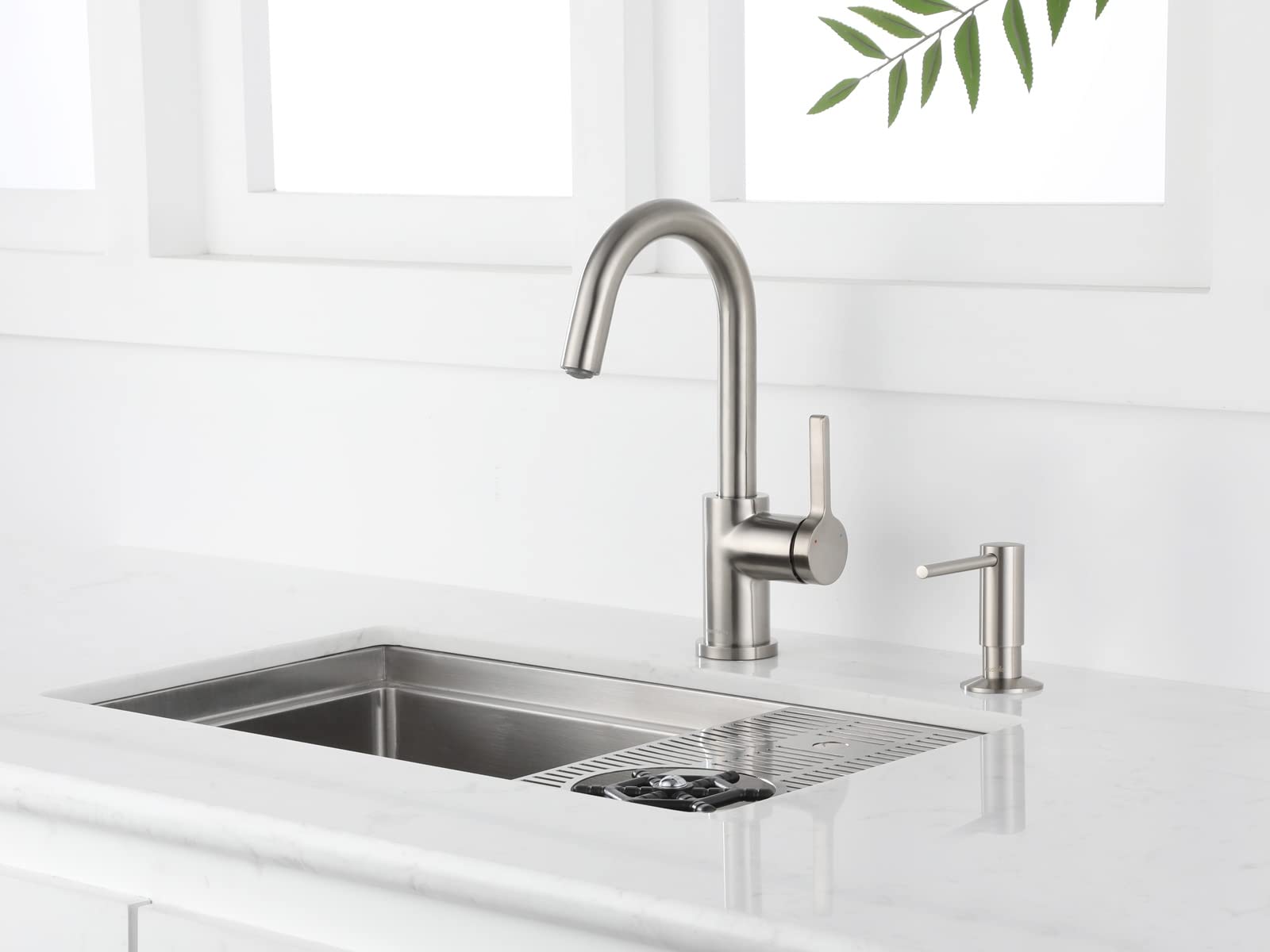 Brushed Nickel Bar Faucet with Built-in Soap Dispenser Set - A1010BN & ASF026BN - Perfect for Kitchen Sink, Wet Bar, and Commercial Use