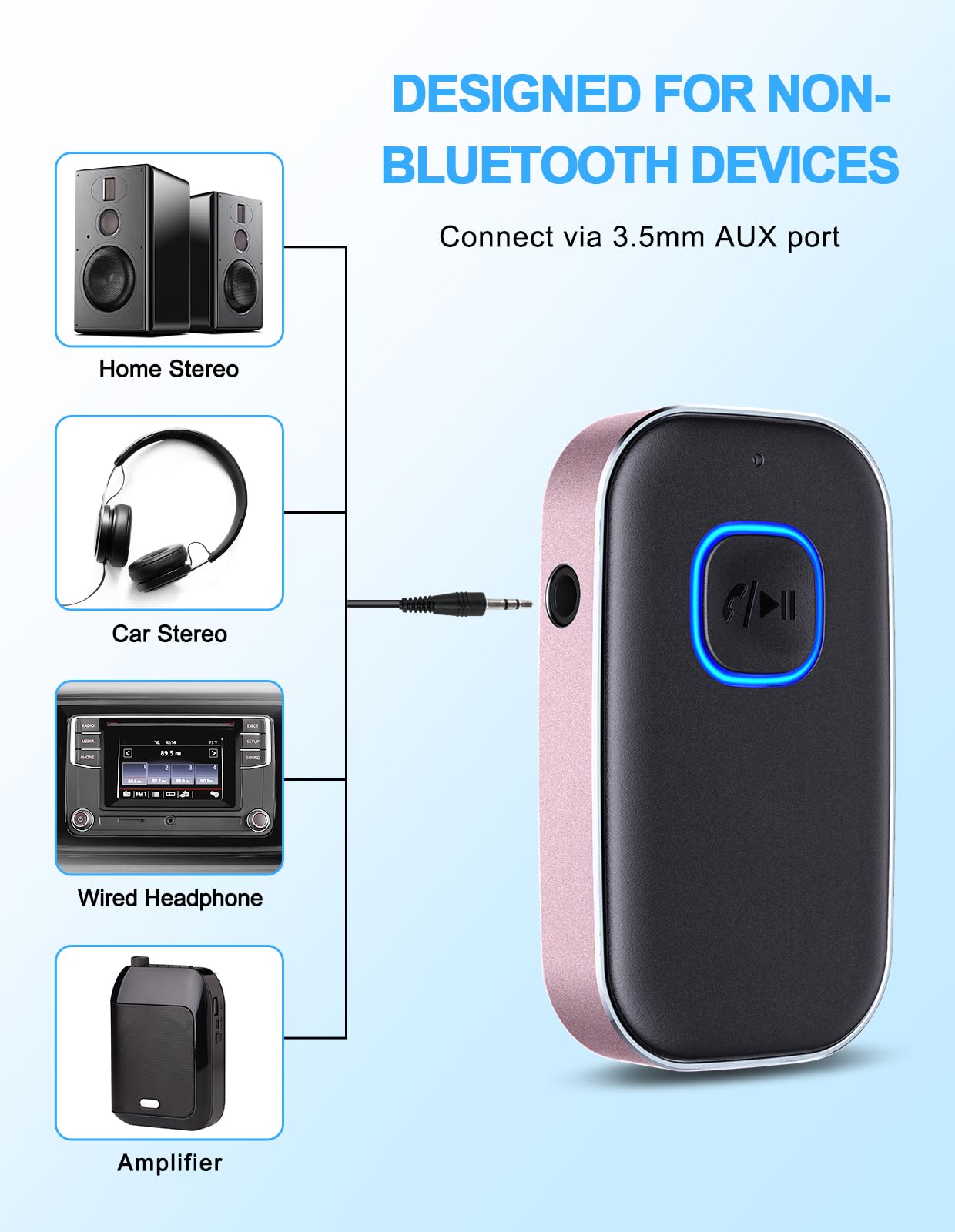 COMSOON Bluetooth AUX Adapter for Car - Wireless Audio Receiver with Noise Reduction, 16H Battery & Dual Connect (Black/Pink) | Hands-Free Calling & Home Stereo Music Streaming for Commuting & Home Entertainment