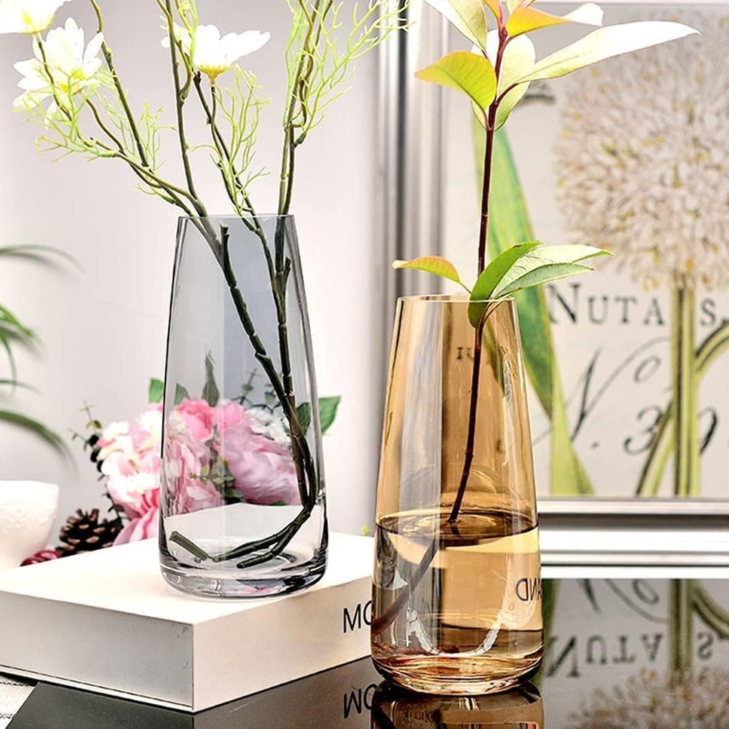 TIED RIBBONS Glass Vase Set of 2 - Black and Gold Centerpiece Vases for Flowers, Weddings, Christmas & Boho Home Decor | Elegant Living Room & Table Decorations for Parties & Special Events