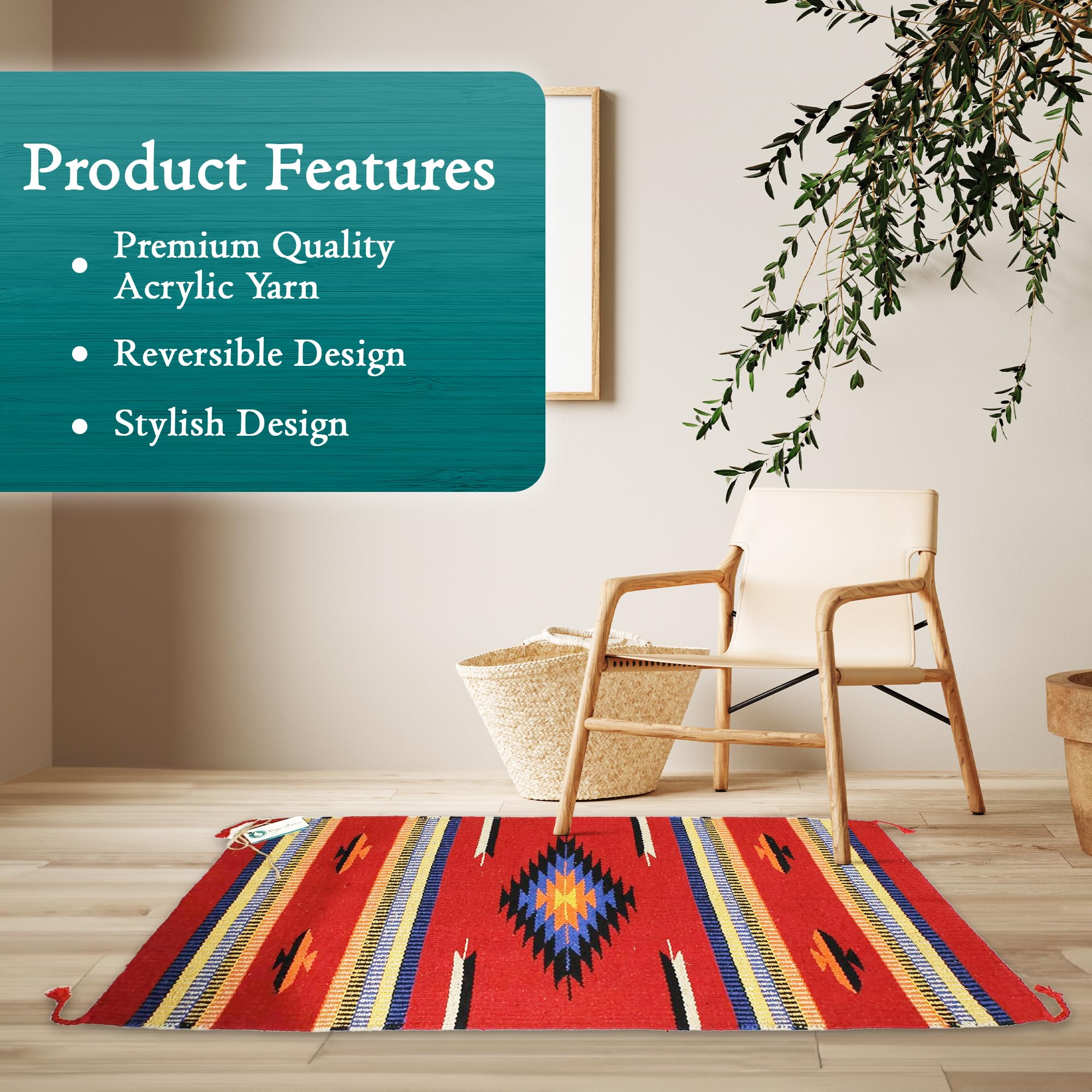 Southwestern Washable Boho Area Rug - Indoor/Outdoor Farmhouse Decor Rug - Western Style for Living Room, Dining, Bedroom - Center Diamond Pattern in Red/Orange - 32x64 Inches - Perfect for Southwest Home Decor & Patio Use