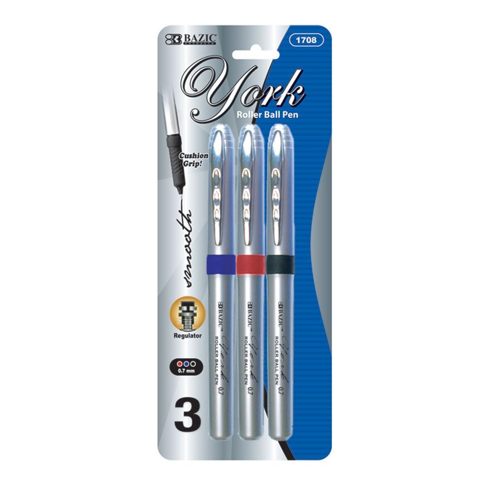 BAZIC Jumbo Rollerball Pens with Comfort Grip - 3 Pack (Case of 144) - Assorted Colors for School, Office & Home Use - Smooth Writing for Notes, Journaling & Art Projects