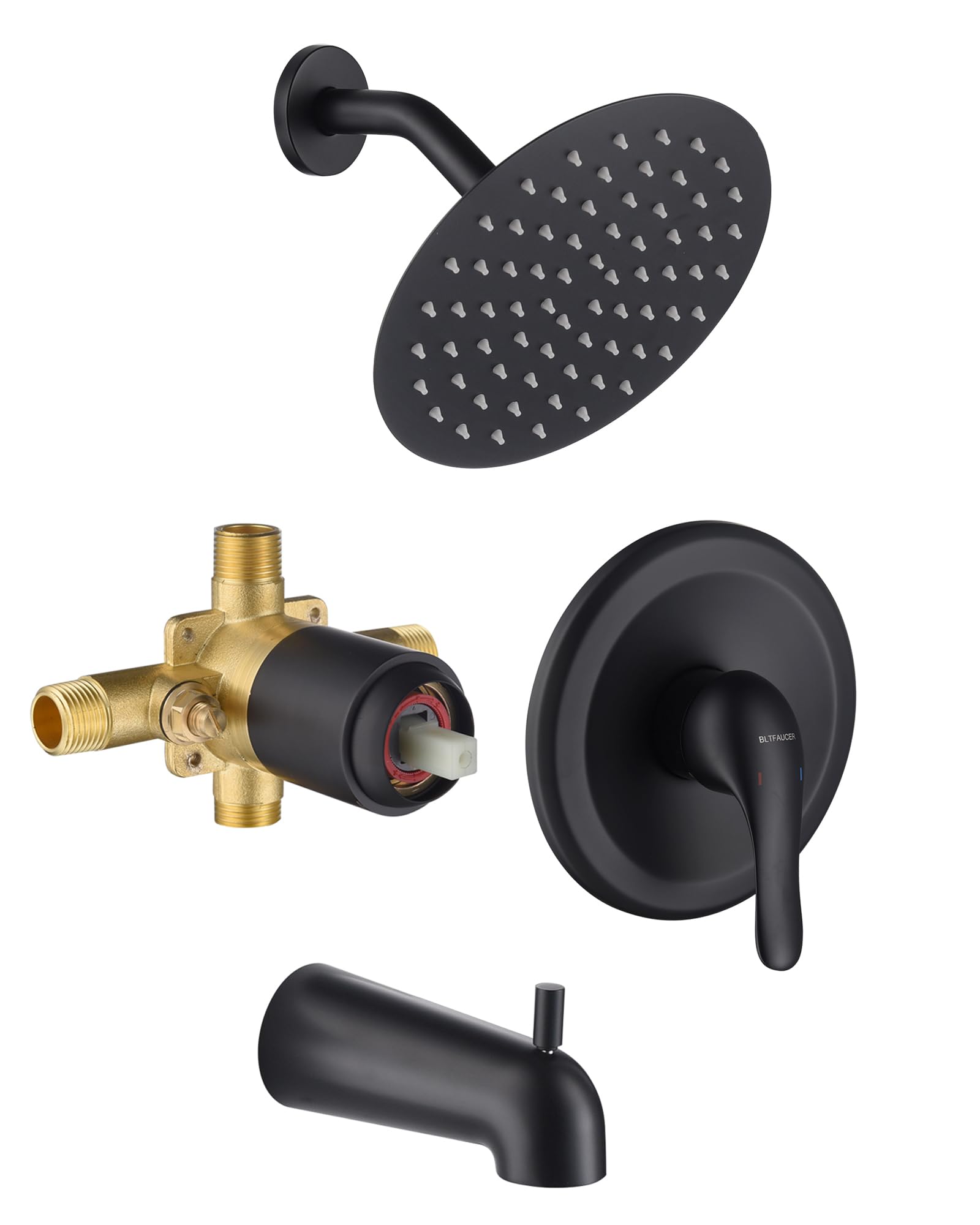 Matte Black Shower Tub Faucet Set - 8 Inch Rain Shower Head & Tub Spout - Single Handle Bath & Shower Trim Kit with Rough-In Valve - Perfect for Modern Bathroom Renovations & Spa-Like Showers