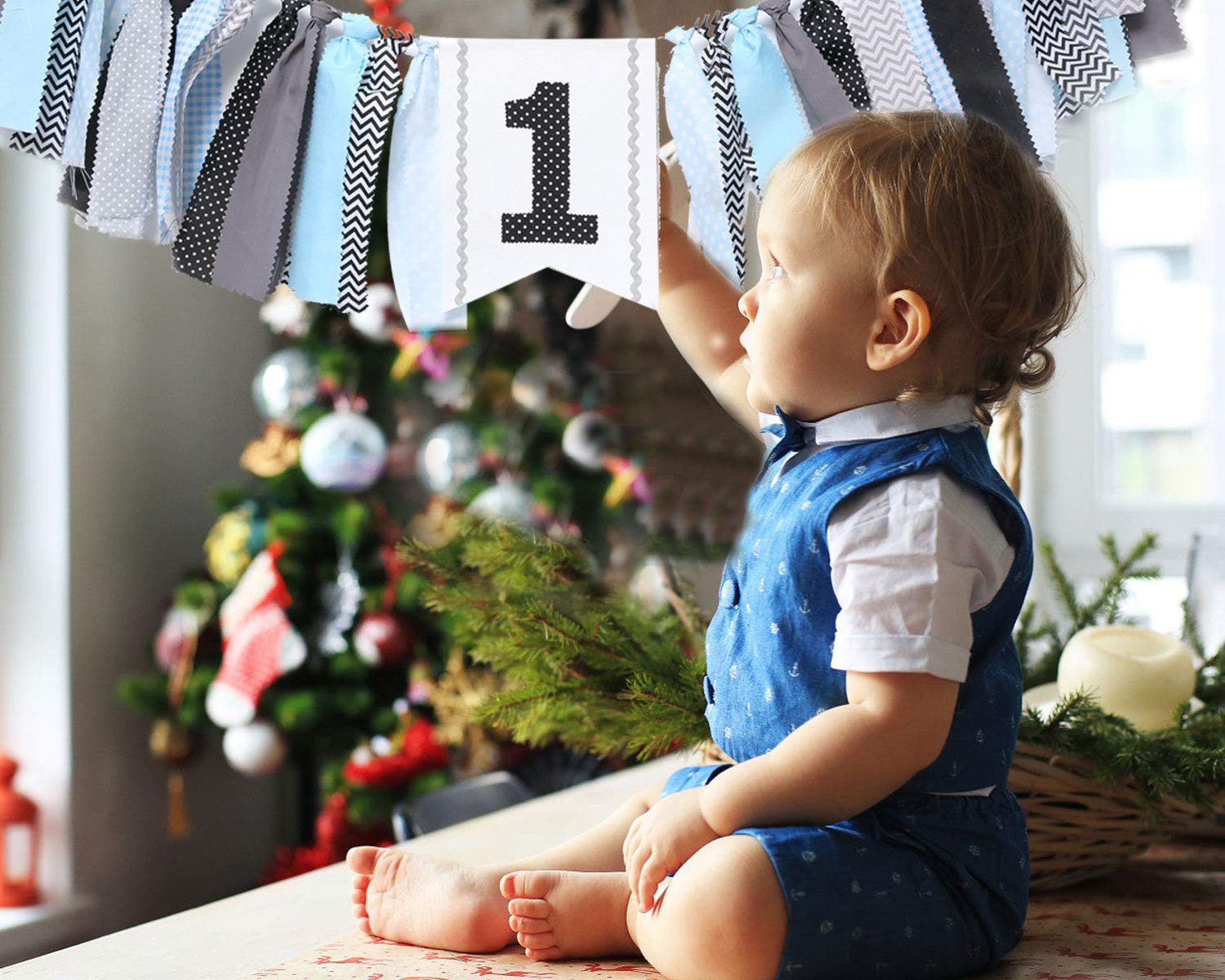 WAOUH 1st Birthday High Chair Banner - First Birthday Party Decorations, Rag Tie Fabric Garland, Photo Booth Props, Birthday Souvenir & Gifts (Black Blue) - Perfect for Baby's Milestone Celebration & Photo Shoots