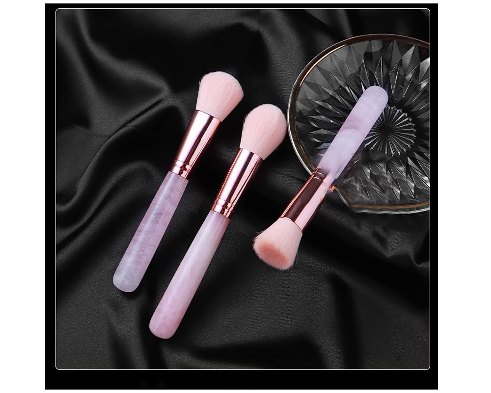 3-Piece Makeup Brush Set with Rose Quartz Handle - Foundation, Powder & Blush Brushes for Flawless Application | Natural Healing Crystal Cosmetic Brushes | Perfect for Travel & Daily Makeup Routine