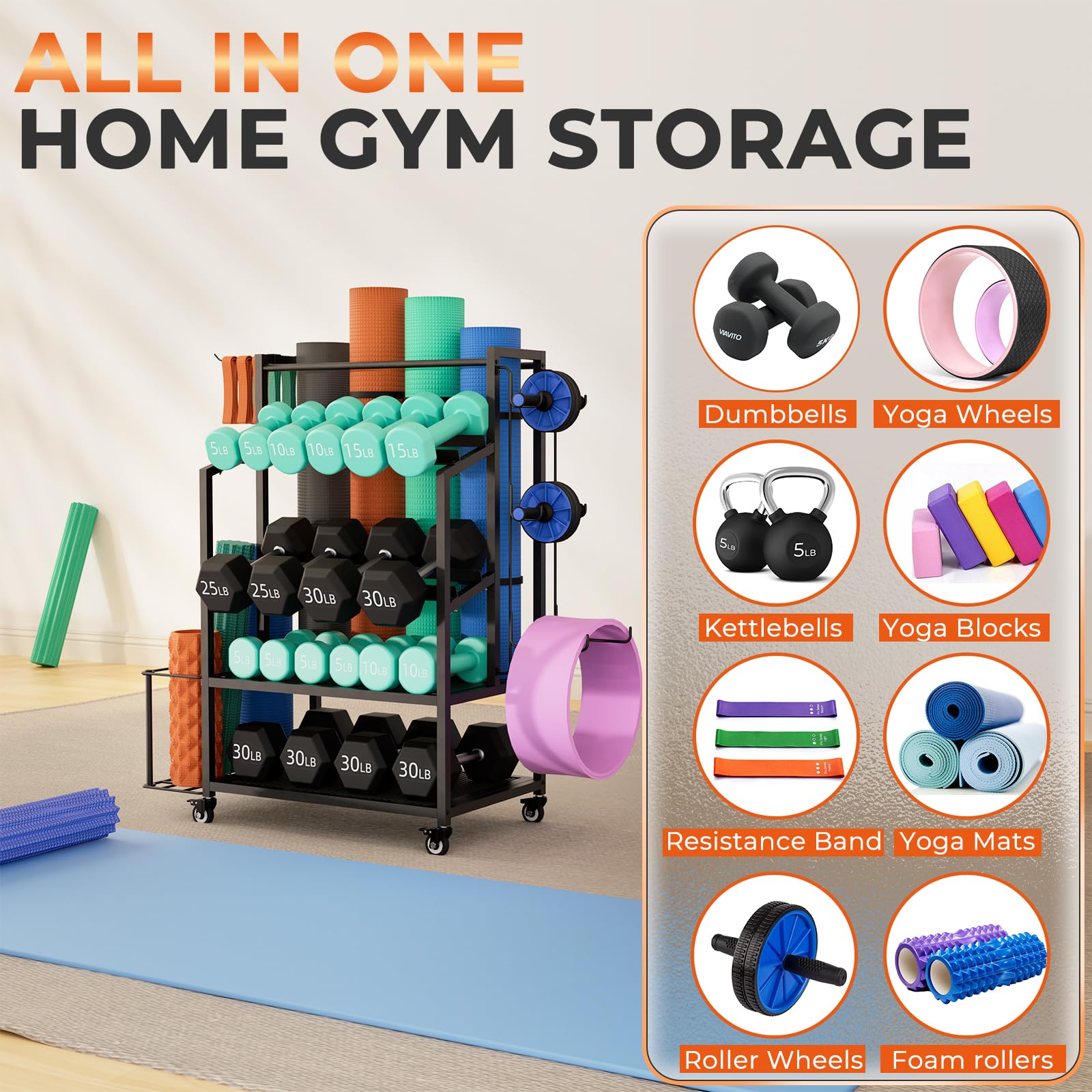 Bonvork 600LBS Adjustable Dumbbell Rack with Wheels - Heavy Duty Weight Stand for Home Gym, Organizer for Dumbbells, Kettlebells, Yoga Mats & Foam Rollers - Perfect for Garage, Basement & Home Workout Spaces