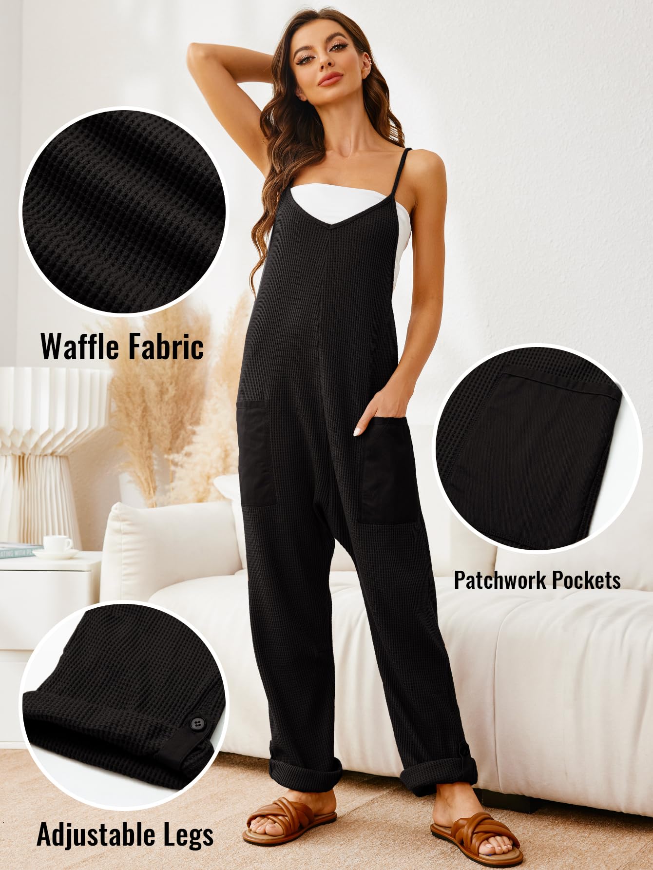 Glamaker Women's Casual Waffle Knit Jumpsuit - Loose Fit Spaghetti Strap Overalls, Baggy Sleeveless Maternity Romper for Pregnancy & Summer Outings - Perfect for Beach, Travel & Lounge Wear