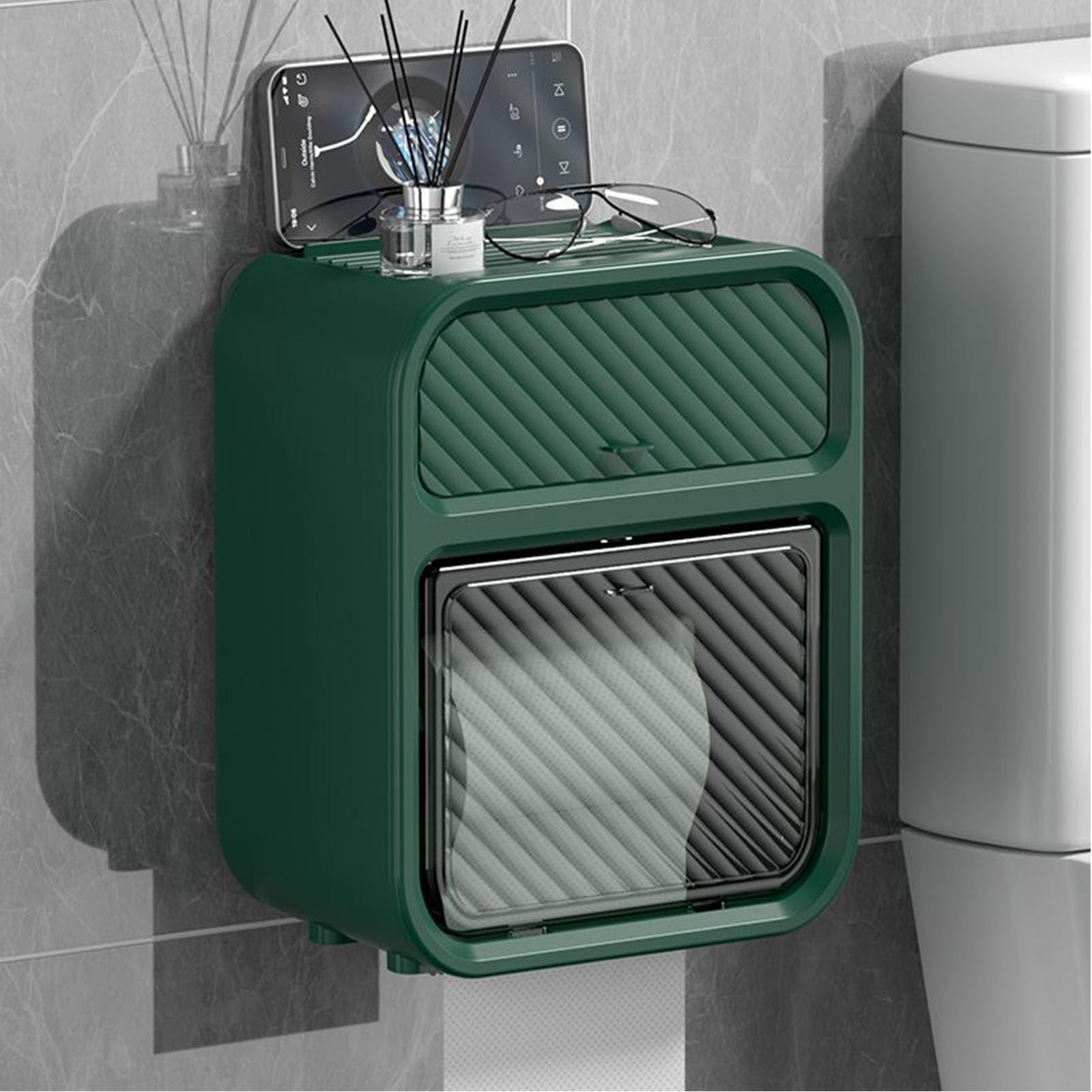 Waterproof Self-Adhesive Wall Mounted Toilet Paper Holder - No Drill Bathroom Tissue Roll Dispenser Storage Box for Bathroom, Kitchen, RV & Office Organization