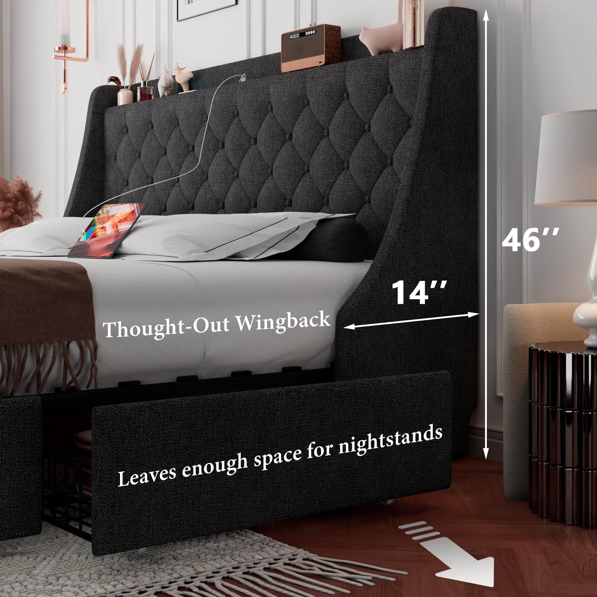 iPormis King Size Bed Frame with 4 Storage Drawers & USB Ports - Upholstered Platform Bed with Wingback Headboard, Solid Wood Slats - No Box Spring Needed - Dark Gray - Perfect for Master Bedroom, Guest Room & Small Space Organization