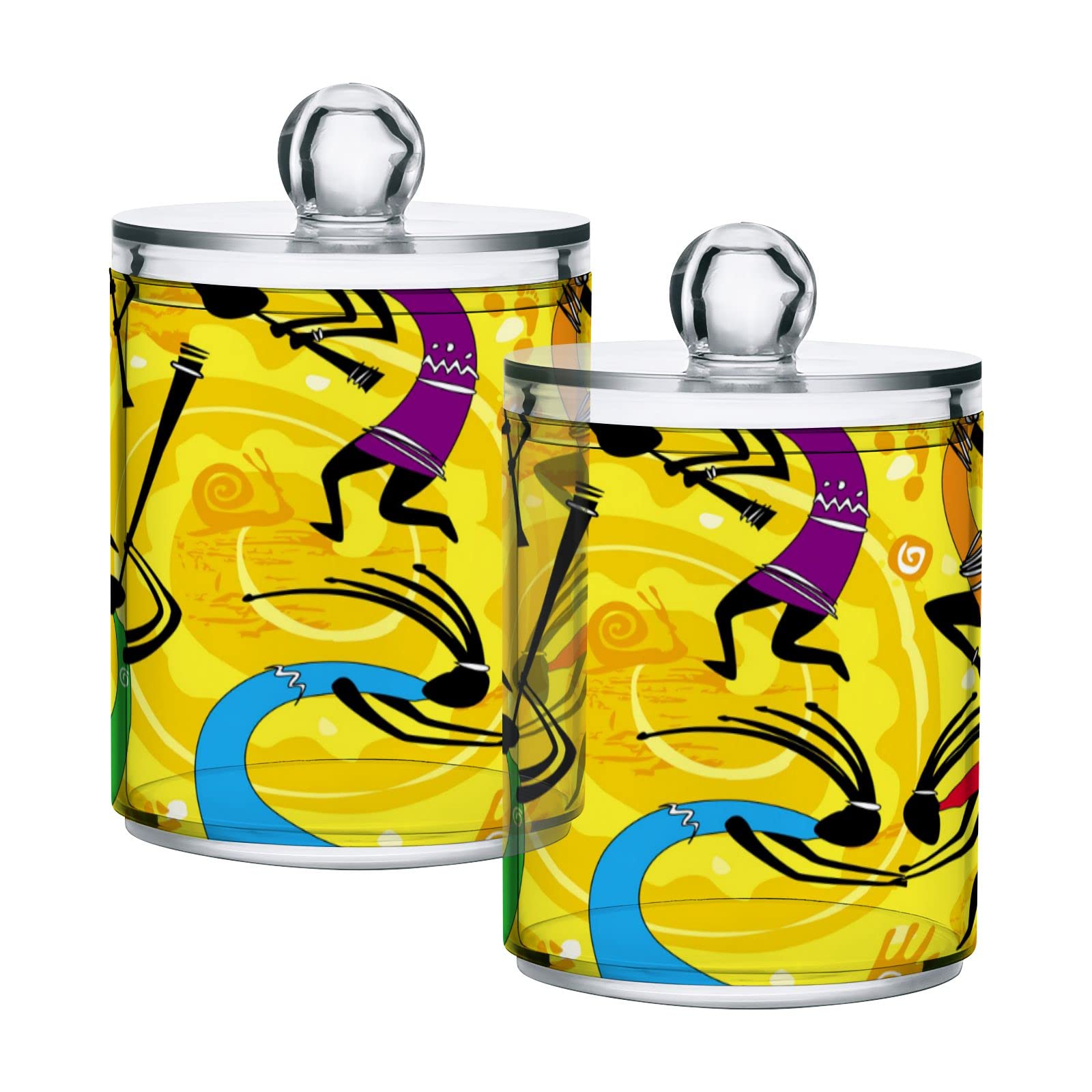 Set of 4 African-Inspired Black Dancing Figure Plastic Storage Jars with Yellow Pattern Lids - 10oz Translucent Food Containers for Tea, Cookies, Cotton Swabs | Perfect for Kitchen Pantry Organization, Spice Storage & Home Decor