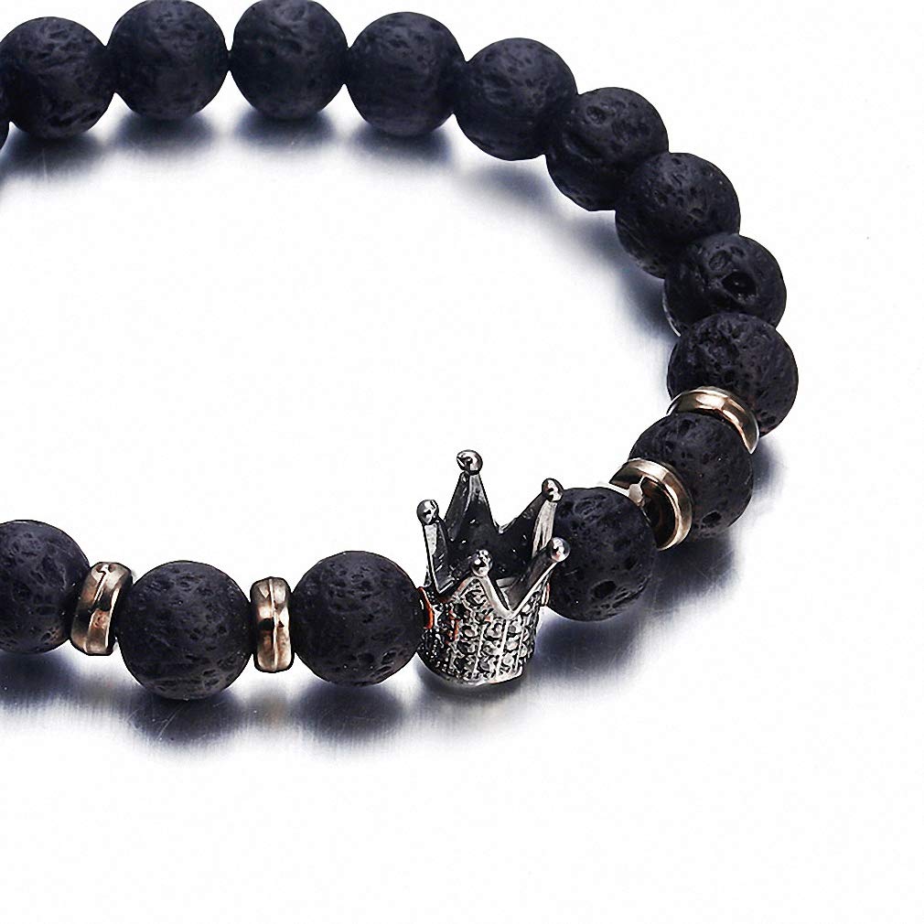 Lava Stone Pave Cz Imperial Crown and Helmet Charm Bracelet for Men - Stylish Adjustable Bangle with Cubic Zirconia - Perfect for Gifts, Parties, and Everyday Wear
