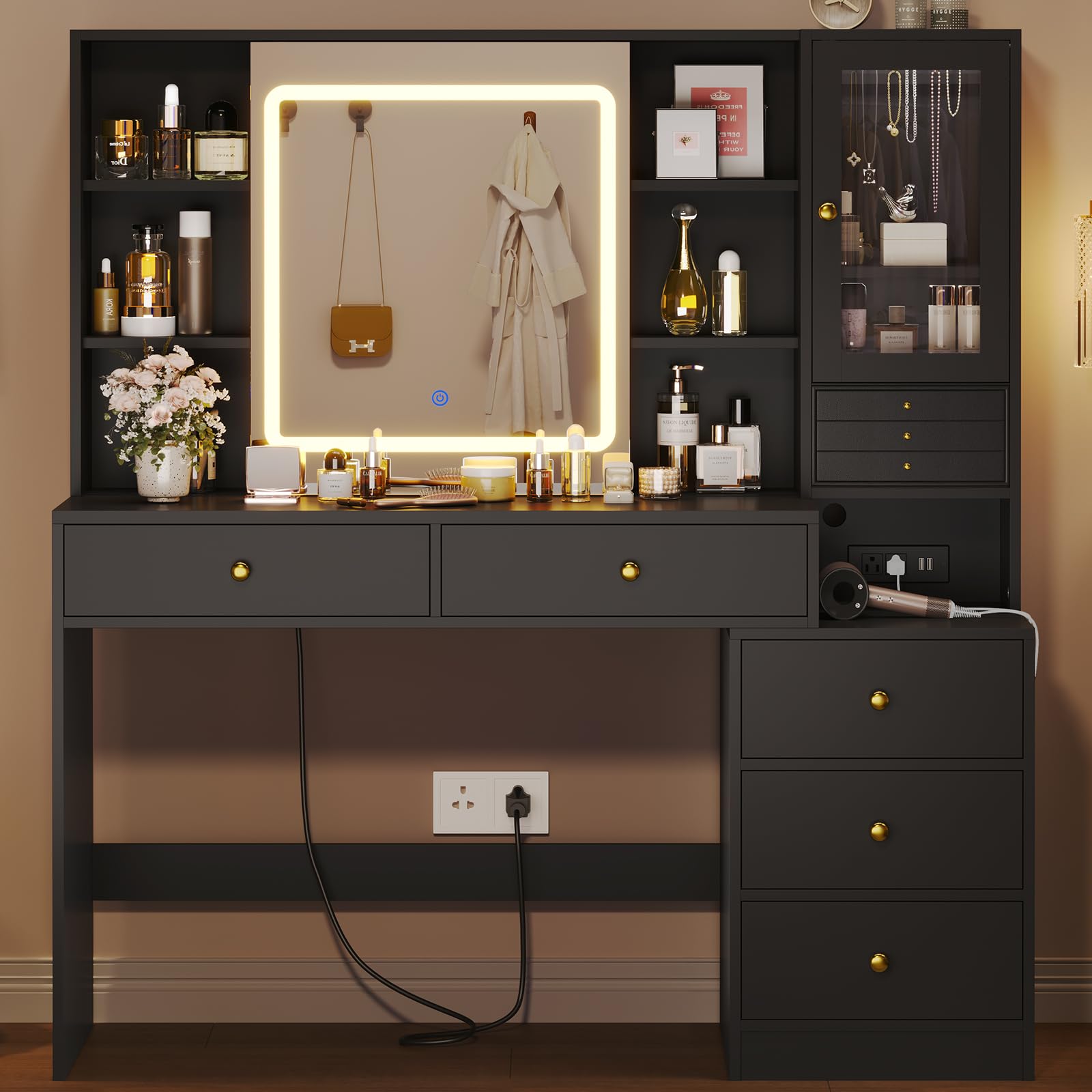 Modern Black Makeup Vanity Desk with LED Lighted Sliding Mirror & Jewelry Organizer - 5-Drawer Dressing Table for Beauty & Cosmetics Organization - Perfect for Bedroom, Dorm, or Salon Makeup Station