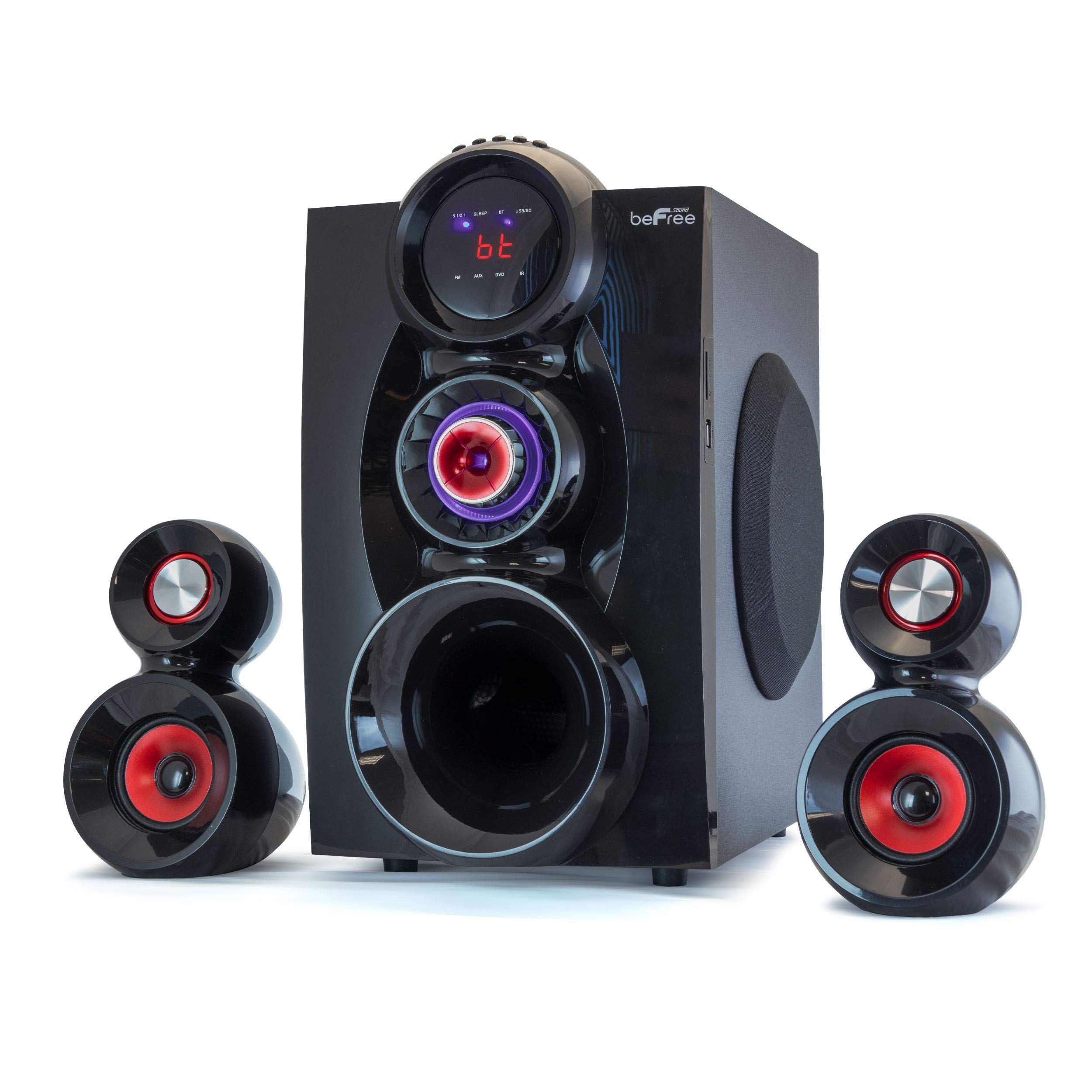 beFree Sound 5.1 Channel Bluetooth Surround Sound Speaker System with Subwoofer - Wireless Home Theater Audio for Movies, Music & Gaming (Red)