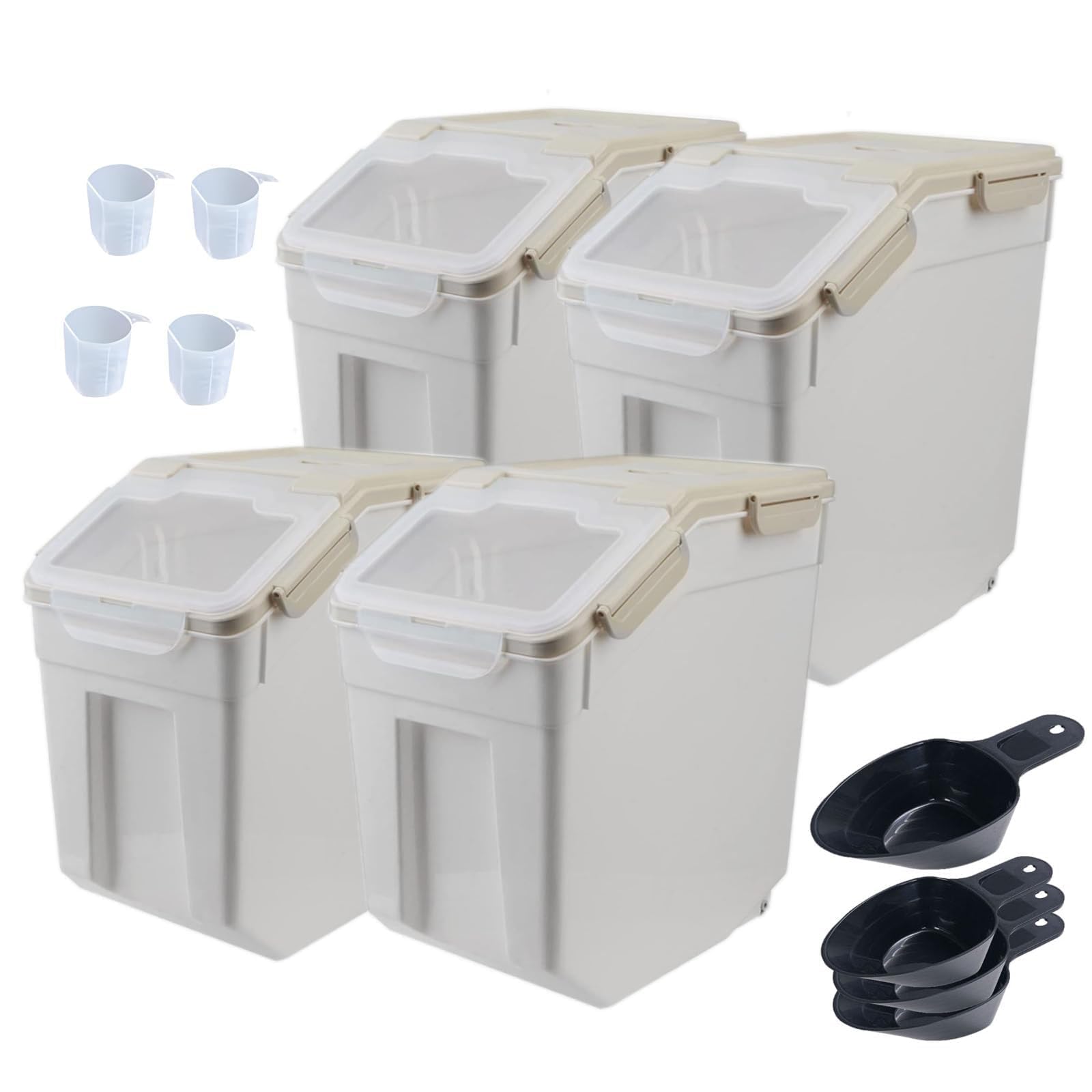 25lb Large Airtight Flour Storage Container with Wheels - 4 Pack BPA-Free Food Storage Bins for Flour, Rice, Grain & Dry Food - Includes Measuring Cup & Scoop - Perfect for Kitchen Pantry Organization & Bulk Food Storage (Grey)