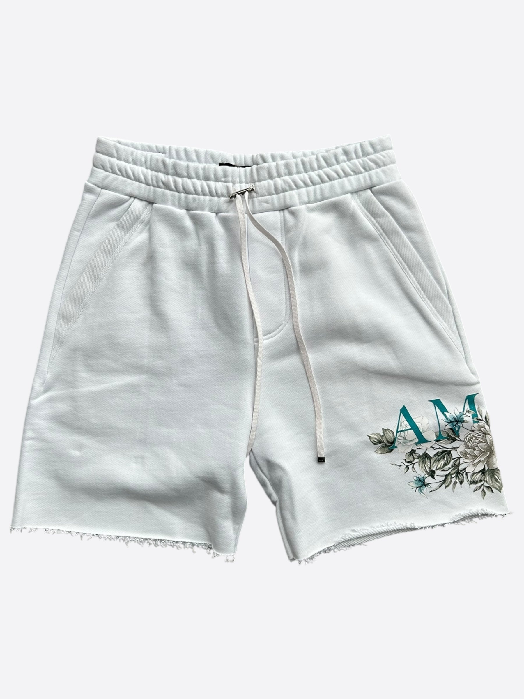 Amiri White Floral Logo Shorts for Men - Stylish Summer Casual Shorts with Embroidered Design - Perfect for Beach, Vacation, and Streetwear Outfits
