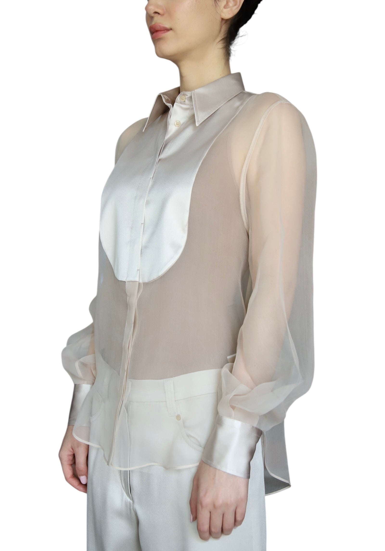 Brunello Cucinelli Beige Sheer Silk Tuxedo Shirt for Men Size M - Elegant Formal Wear for Weddings & Evening Events