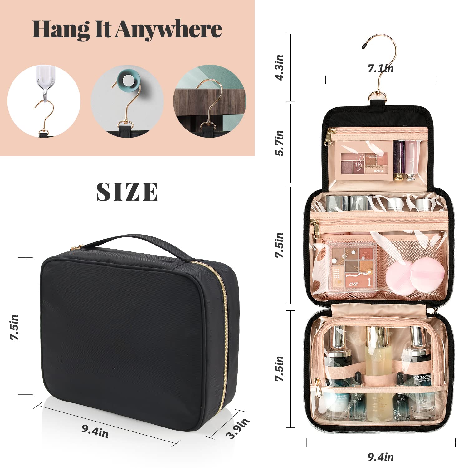 CUBETASTIC Waterproof Travel Toiletry Bag for Women - Portable Makeup Organizer with Hanging Hook for Cosmetics, Skincare & Toiletries - Perfect for Vacation, Gym, Business Trips & Weekend Getaways