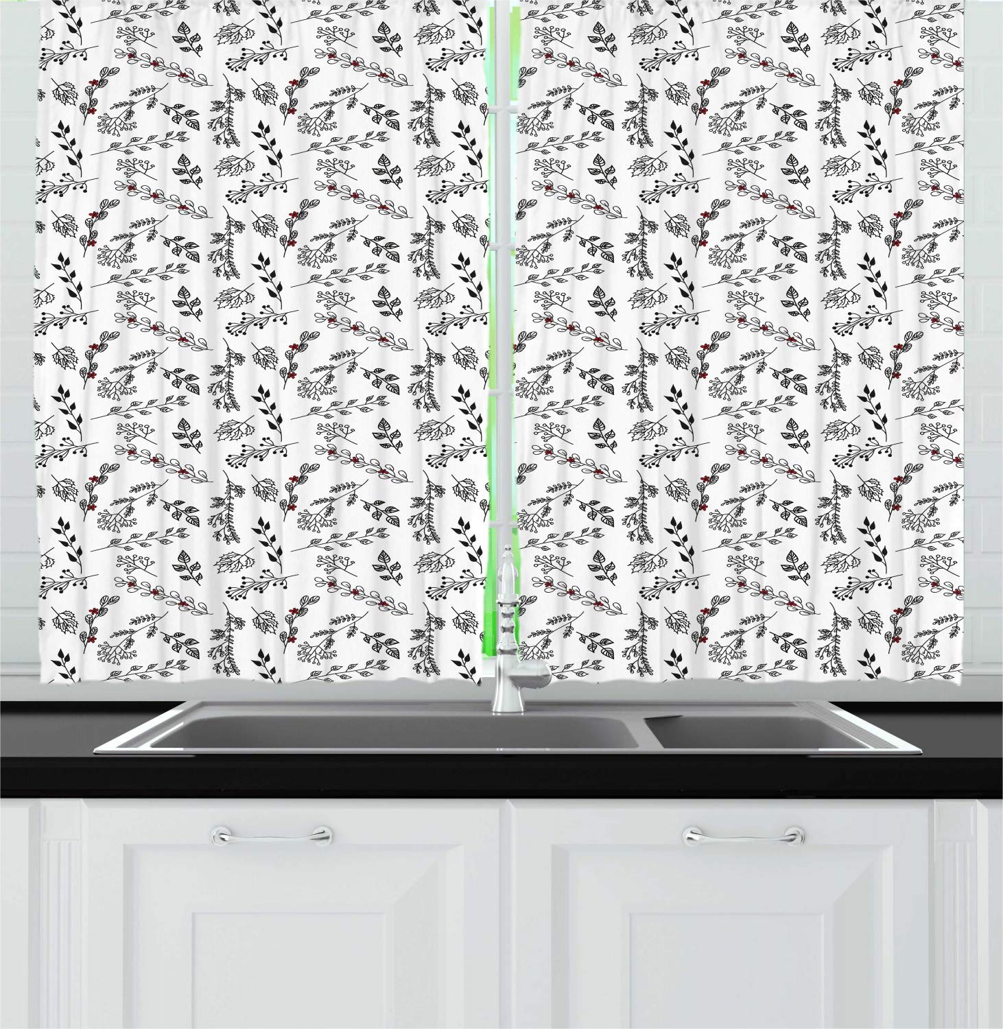 Ambesonne Floral Kitchen Curtains Set of 2 Panels - Continuous Leaf Branch Pattern Window Drapes for Kitchen & Cafe Decor, 55