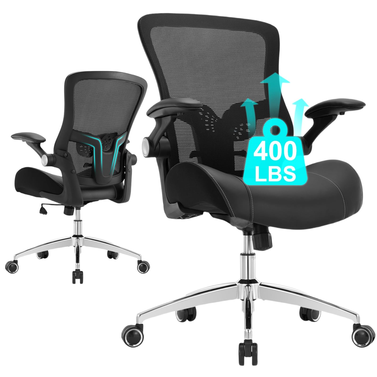 Big and Tall Office Chair for Heavy People - 400lbs Weight Capacity, Ergonomic Desk Chair with Wide 3D Foam Seat & Mesh Back, Lumbar Support Executive Task Chair - Perfect for Home Office, Gaming, and Long Work Sessions - Black