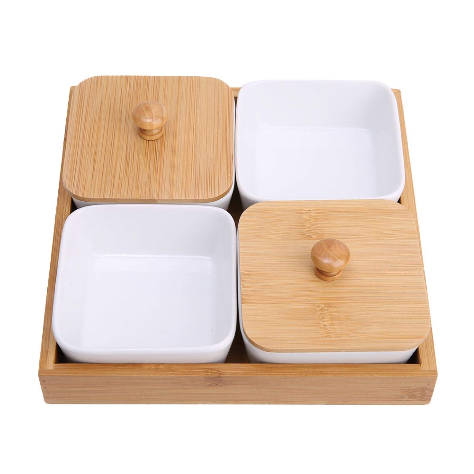 4-Compartment Ceramic Appetizer Serving Platter with Removable Bamboo Tray - Perfect for Dips, Veggies, Candy & Snacks | Elegant Party, Dinner & Entertaining Serving Dish