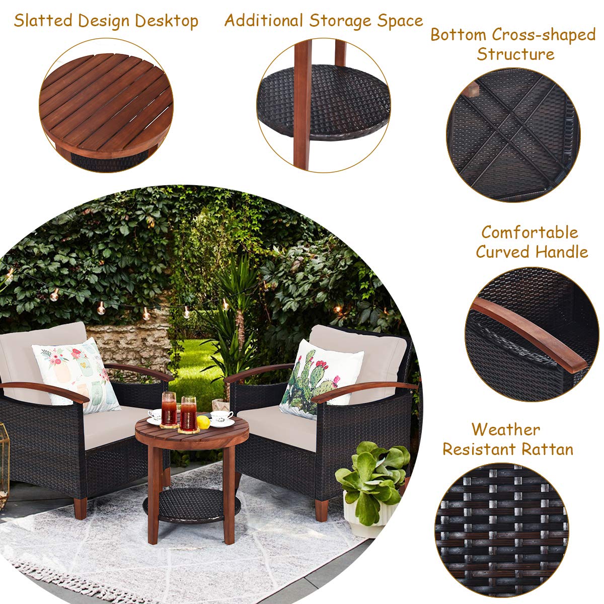 3-Piece Patio Furniture Set - Outdoor Rattan Sofa with Washable Cushions & Acacia Wood Coffee Table - Weather-Resistant Wicker Conversation Set for Garden, Poolside, Balcony or Backyard (Beige) - Perfect for Outdoor Relaxation & Entertaining