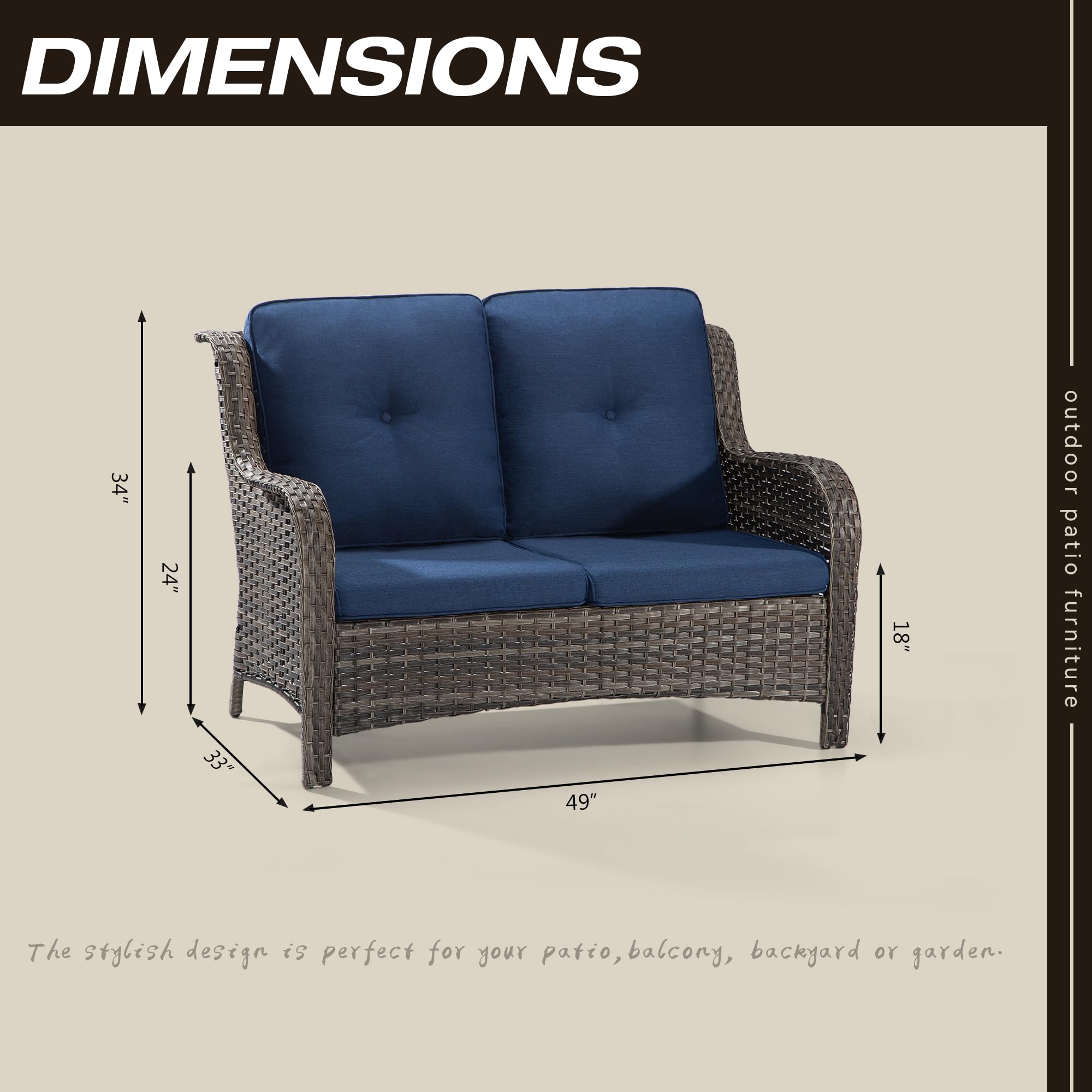 2-Seat Outdoor Patio Sofa with Wicker Frame, Deep Seating & High Back - Steel Structure & Olefin Cushions in Blue - Perfect for Garden, Deck, Poolside or Backyard Relaxation