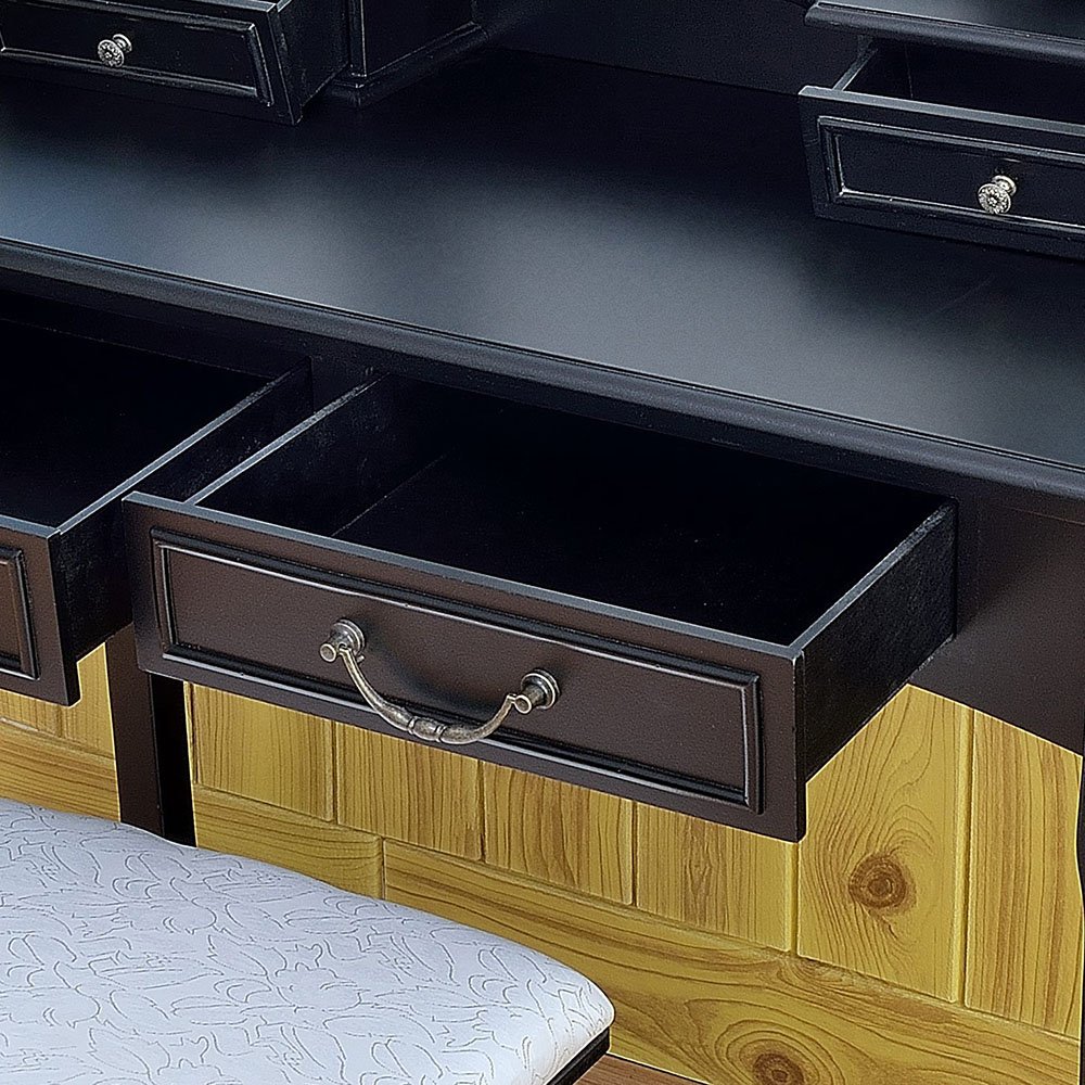 Tri-Fold Mirror Vanity Desk with Cushioned Stool - Black Makeup Dressing Table & Organizer for Bedroom, Dorm, or Beauty Salon