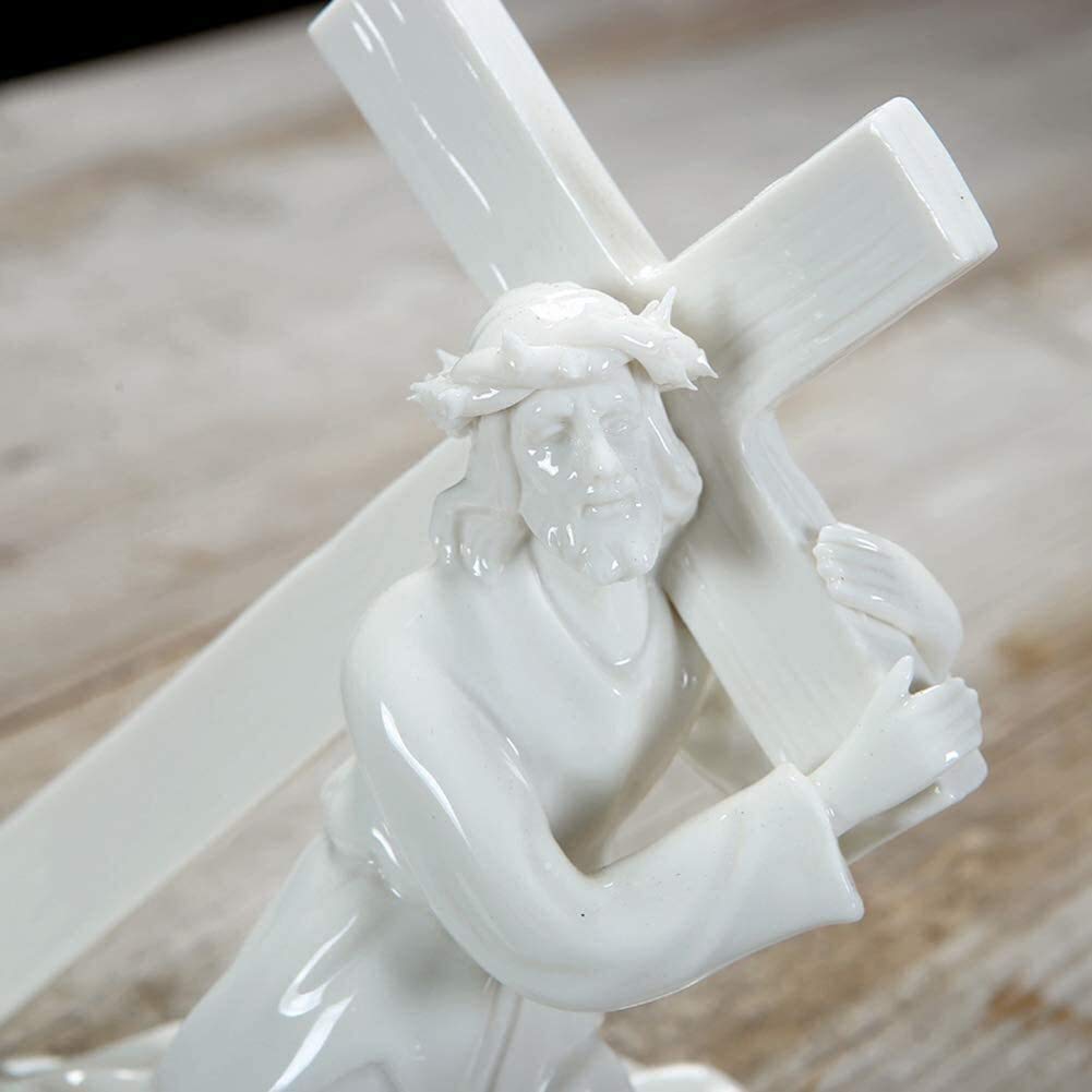 LQX Christ Jesus Statue - Handcrafted Ceramic Cross Sculpture for Catholic Home Decor, Religious Gifts & Christian Desktop Accessories | Perfect for Prayer Altars, Church Displays & Spiritual Home Decorating