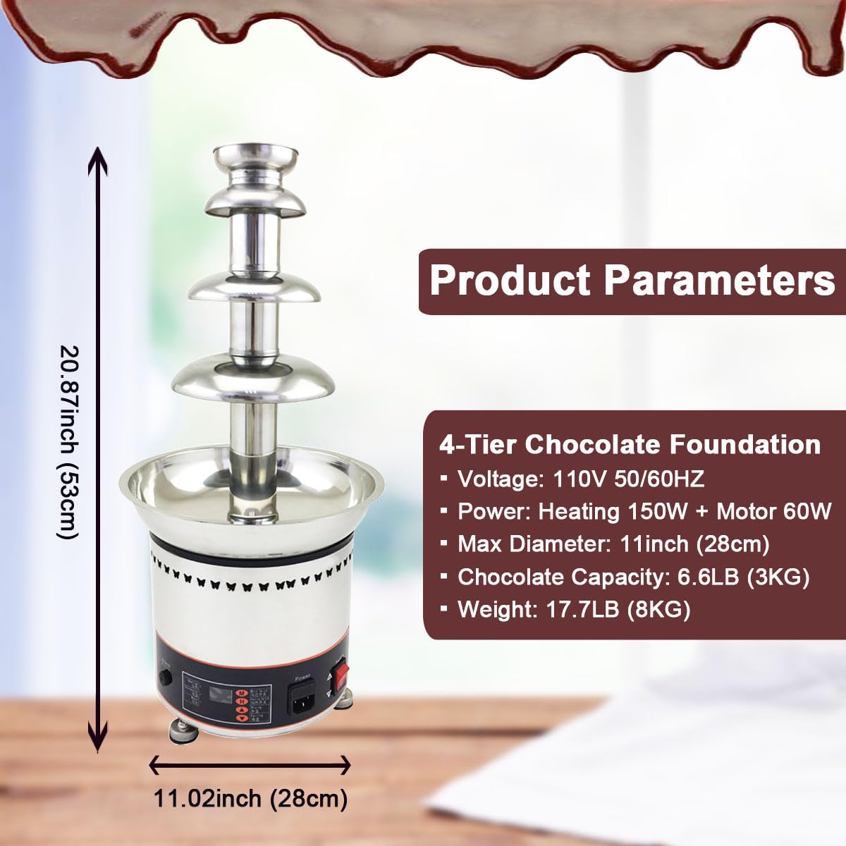 INTBUYING 110V 4-Tier Stainless Steel Commercial Chocolate Fountain Machine - 6.6Lbs Capacity for Chocolate, Candy, Butter & Cheese - Perfect for Parties, Weddings, Birthdays & Corporate Events