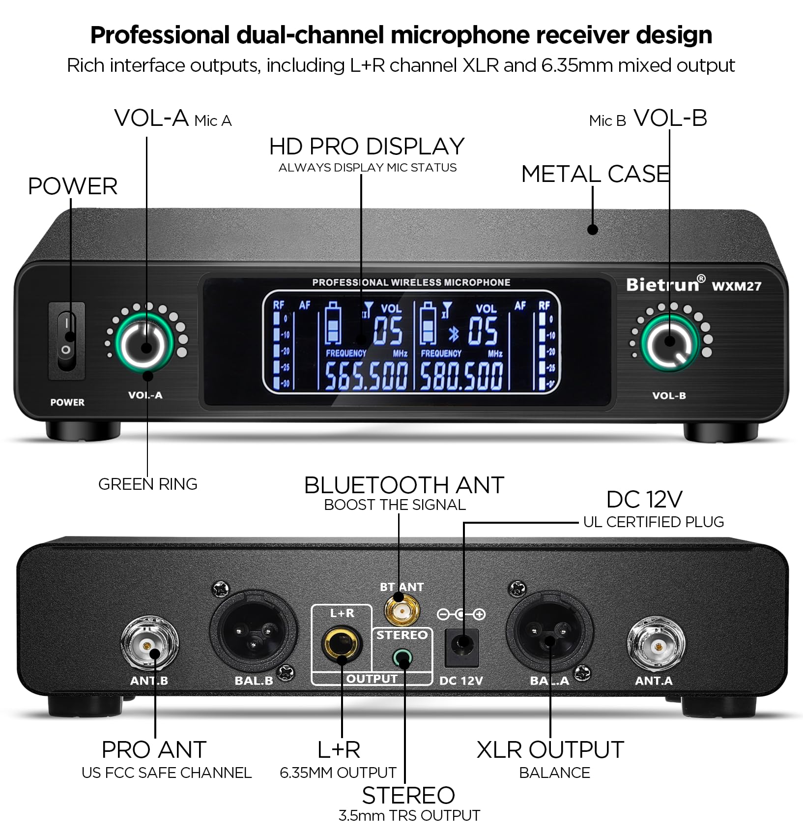 Bietrun Wireless Microphone System - Rechargeable Metal Dual UHF Cordless Dynamic Handheld Mic with 240ft Range & Bluetooth Receiver for Karaoke, DJ, Wedding, Church, Party, Meeting - Perfect for Home Entertainment & Professional Events