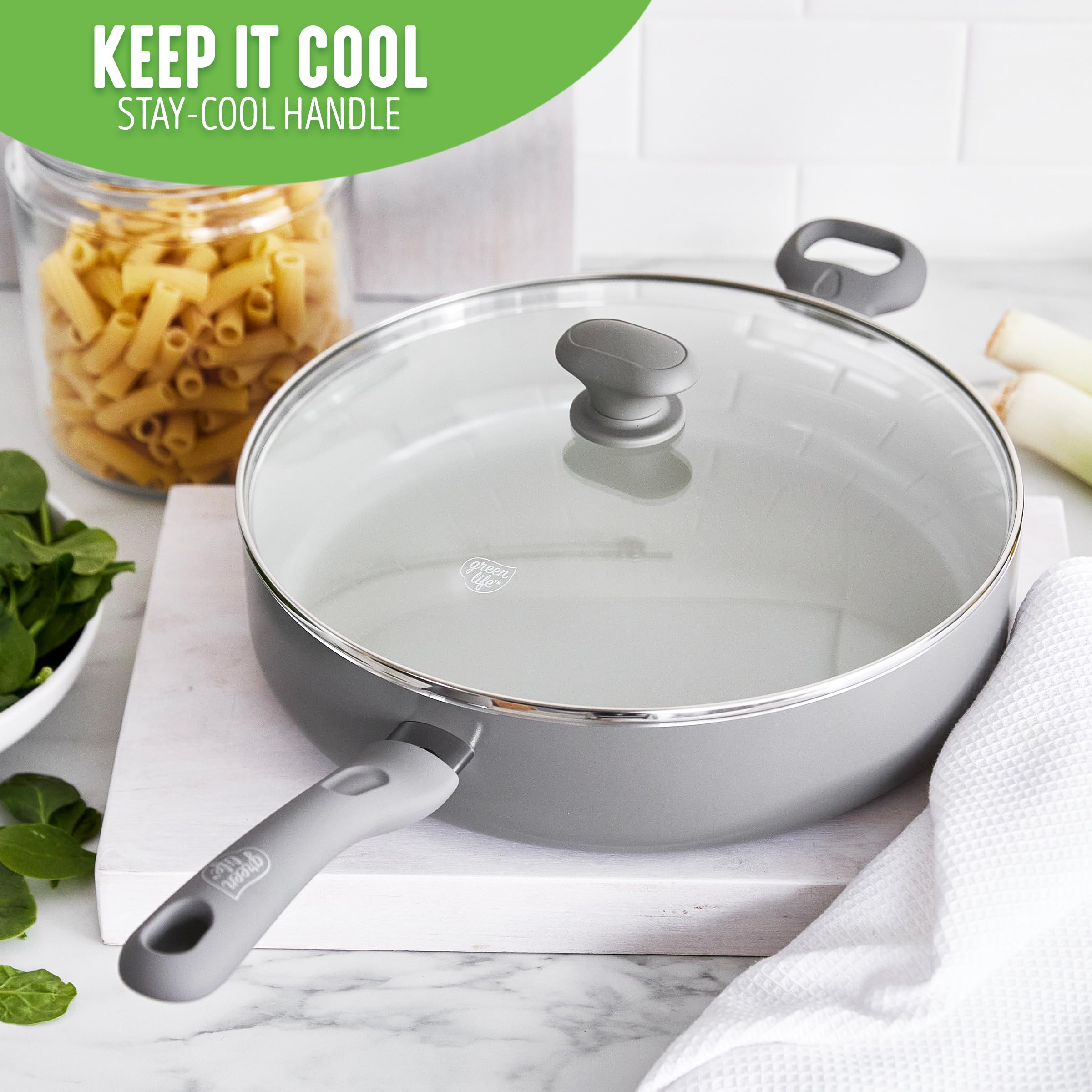 GreenLife Sandstone Healthy Ceramic Nonstick 5 Quart Saute Pan - PFAS-Free, Dishwasher Safe, Oven Safe to 450°F, Gray - Perfect for Sauteing, Frying & Everyday Cooking