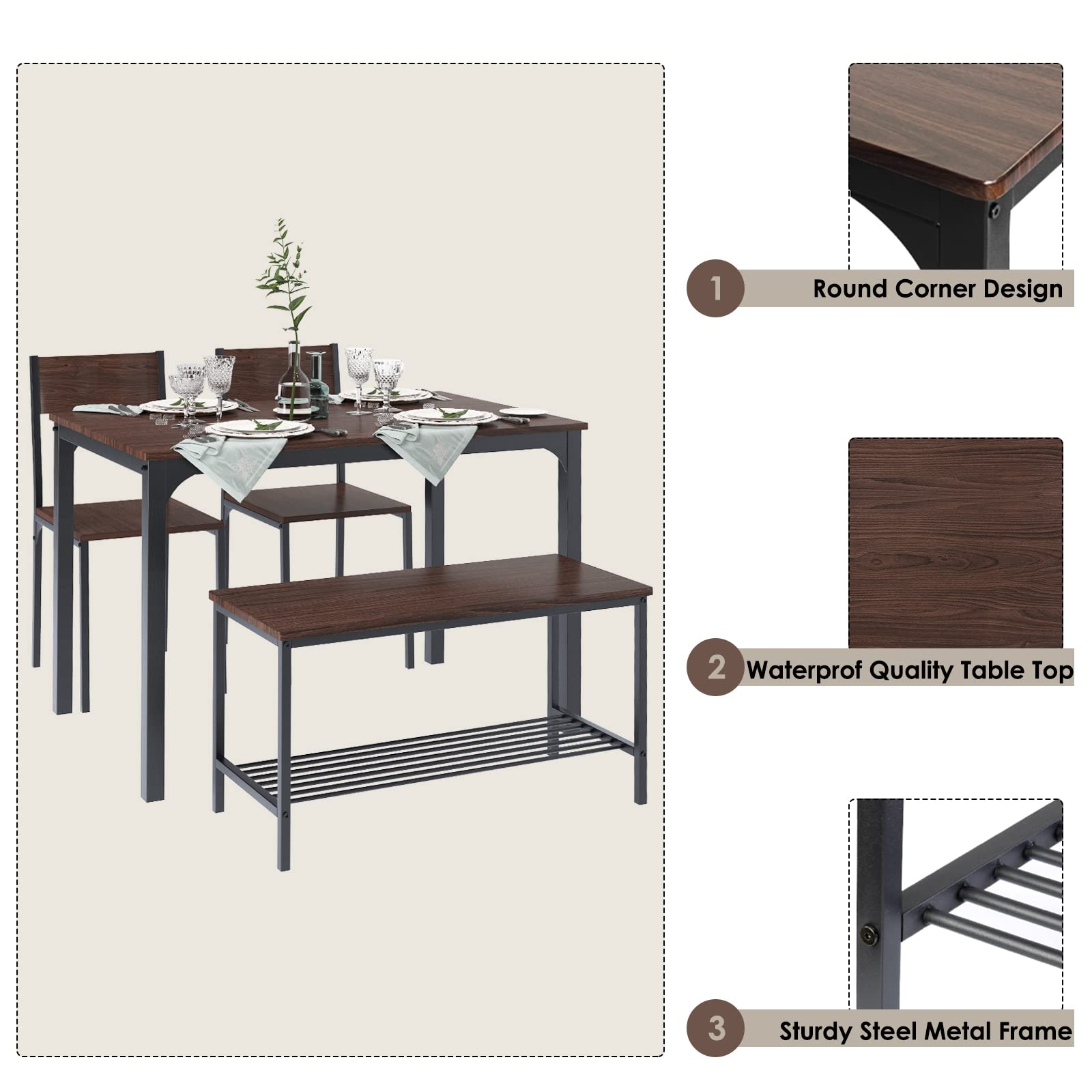 DLandHome 4-Piece Rustic Oak Dining Table Set with 2 Chairs & 2 Benches - Space-Saving Rectangular Kitchen Table for Small Homes & Apartments - Perfect for Family Dinners, Breakfast Nooks & Compact Dining Spaces