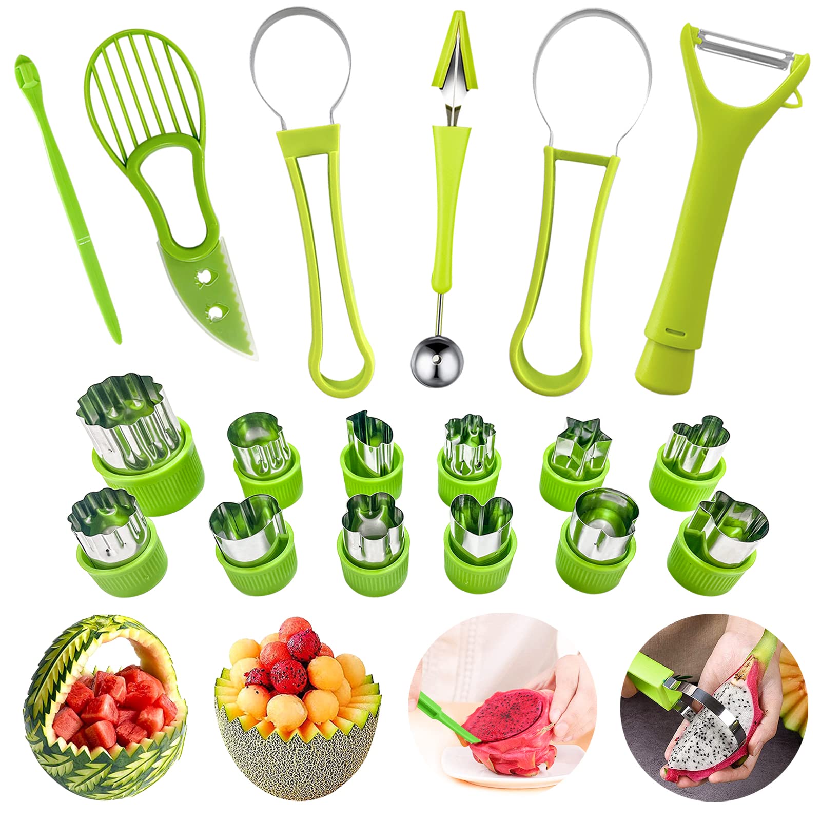 18-Piece Stainless Steel Fruit Slicer & Peeler Set - 4-in-1 Melon Baller, Avocado Slicer, Orange Peeler & Mini Cookie Cutters for Fruits & Vegetables | Perfect for Kitchen Prep, Fruit Carving & Party Platters