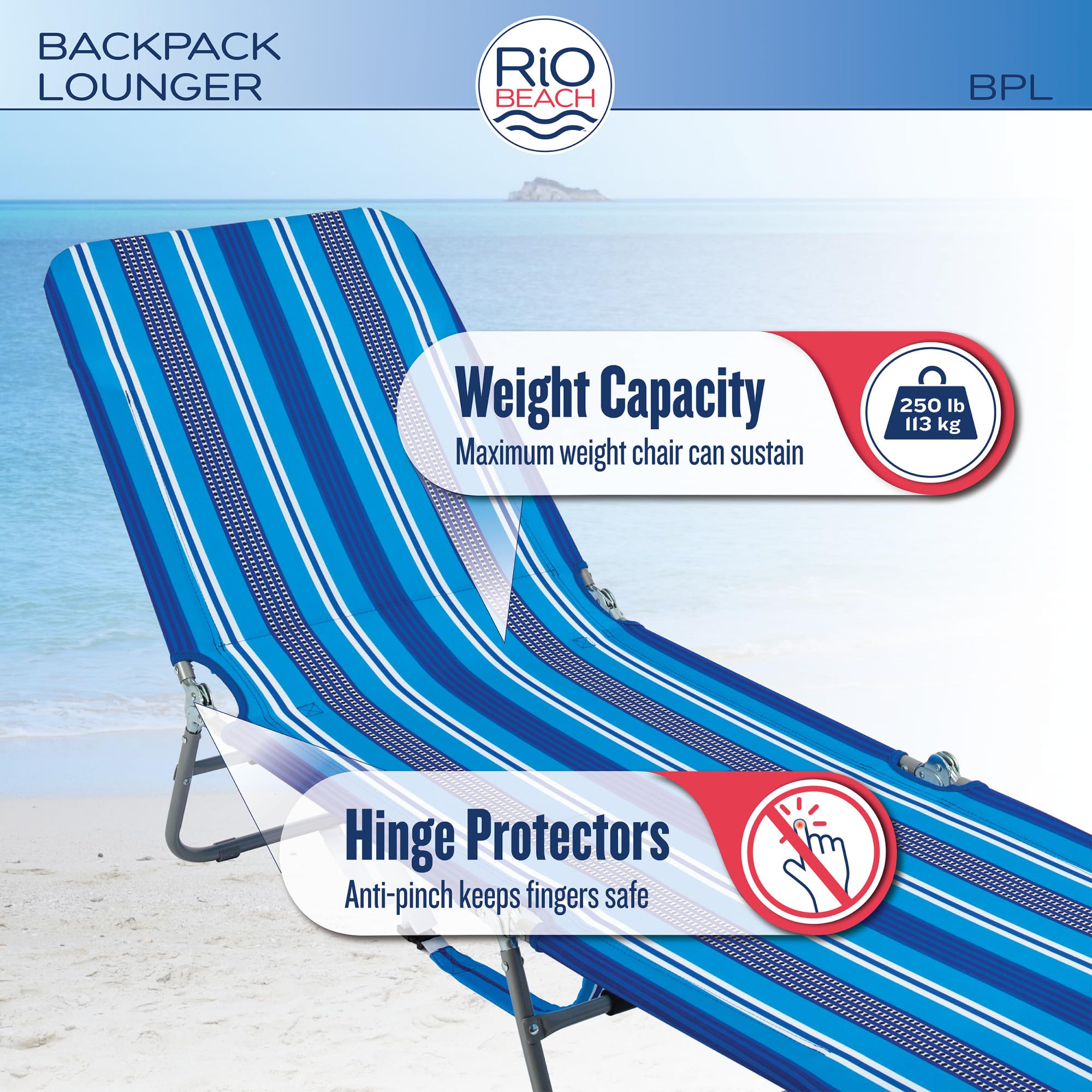 Rio Beach Portable Lay Flat Folding Backpack Beach Lounge Chair - Lightweight, Adjustable with Backpack Straps & Storage Pouch - Perfect for Beach, Pool, Camping & Outdoor Relaxation - Blue Stripe