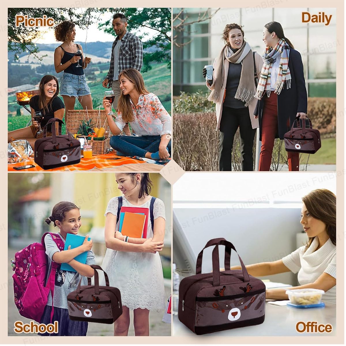 FunBlast Insulated Lunch Bag – Reusable & Leak-Proof Rectangle Lunch Box for Office, School, Picnics & Travel | Thermal Tiffin Carrier for Men & Women | Perfect for Meal Prep, Work Commutes & Outdoor Adventures (Brown)