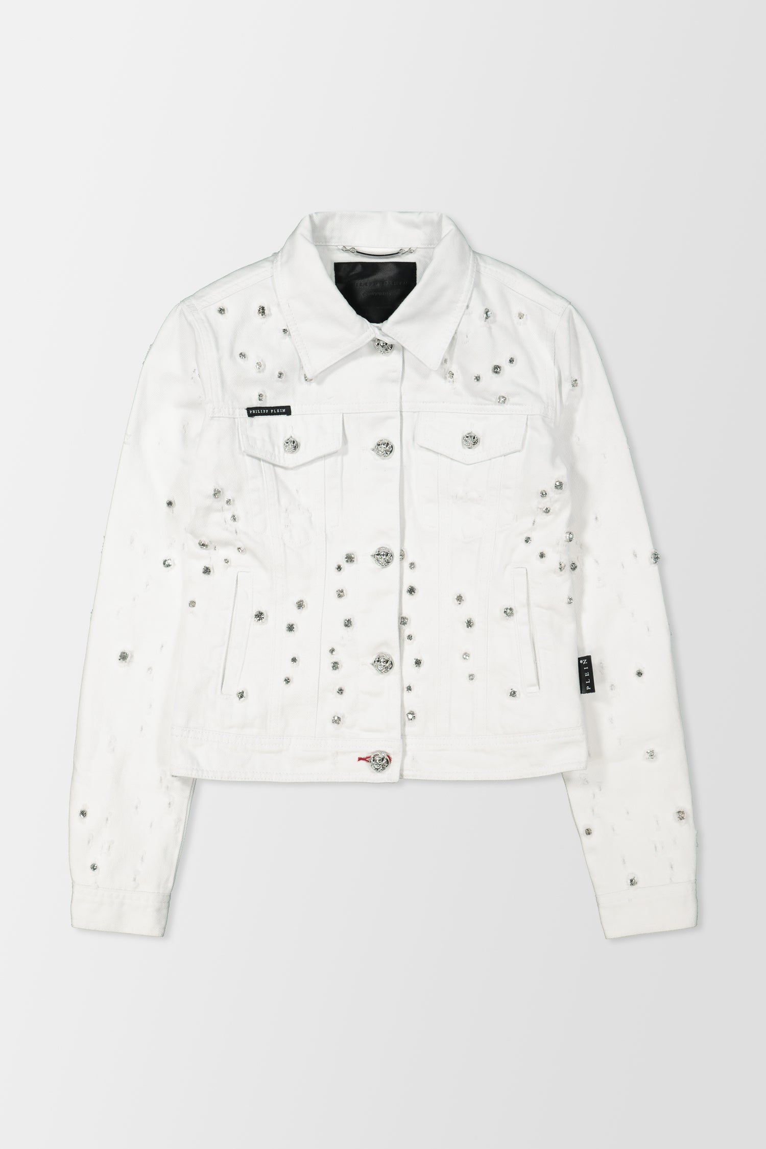 Philipp Plein White Denim Crystal Embellished Jacket for Women - Fashionable Rhinestone Studded Denim Coat for Parties, Night Out & Special Occasions
