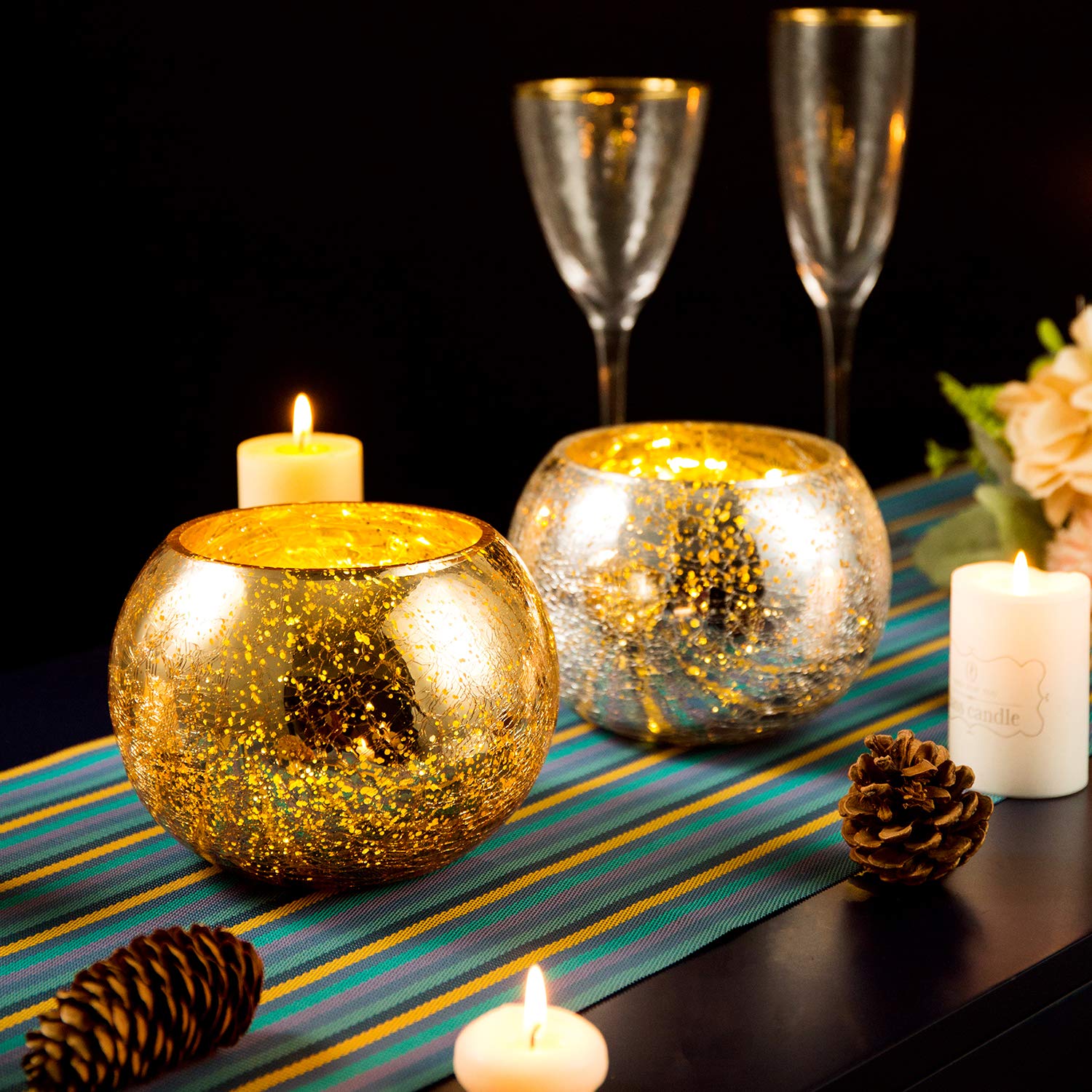 Diamond Star Votive Candle Holders - Mercury Glass Tealight Holders with Ice Cracked Glass Bowl - Elegant Gold Candle Holders for Wedding Centerpieces, Home Decor & Romantic Dinner Tables