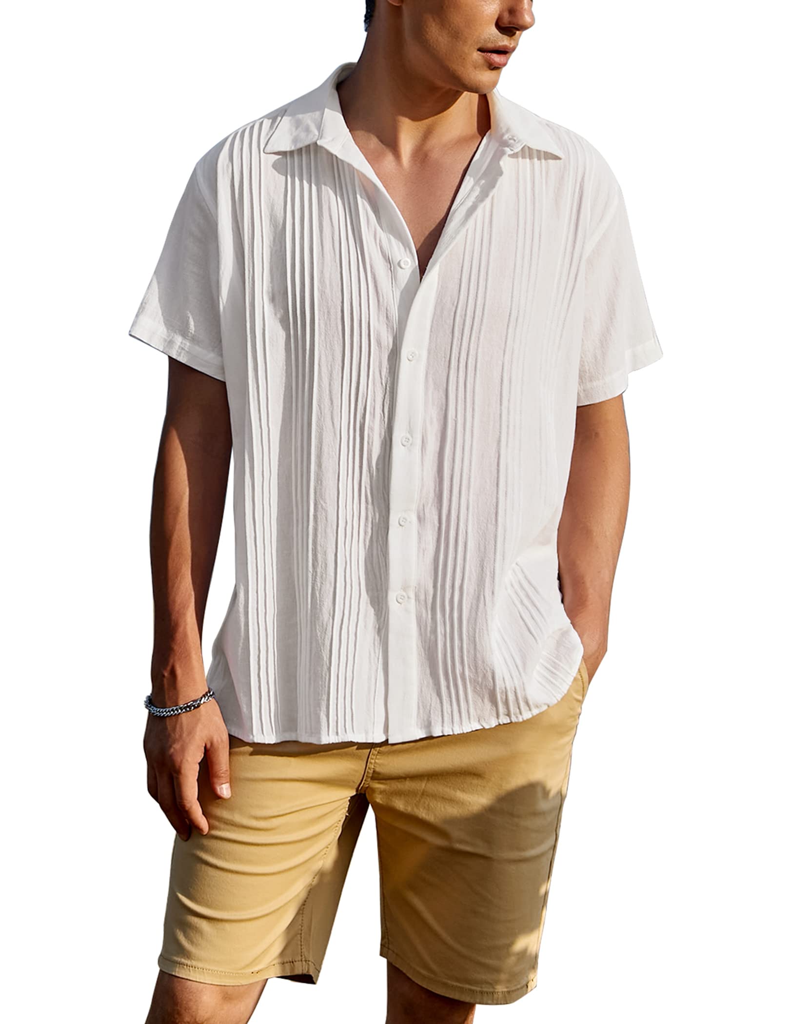 COOFANDY Men's Cotton Linen Shirt - Relaxed Fit Short Sleeve Button Down Shirt with Pleats & Guayabera Style | Perfect for Beach Vacation, Summer Outings & Casual Wear